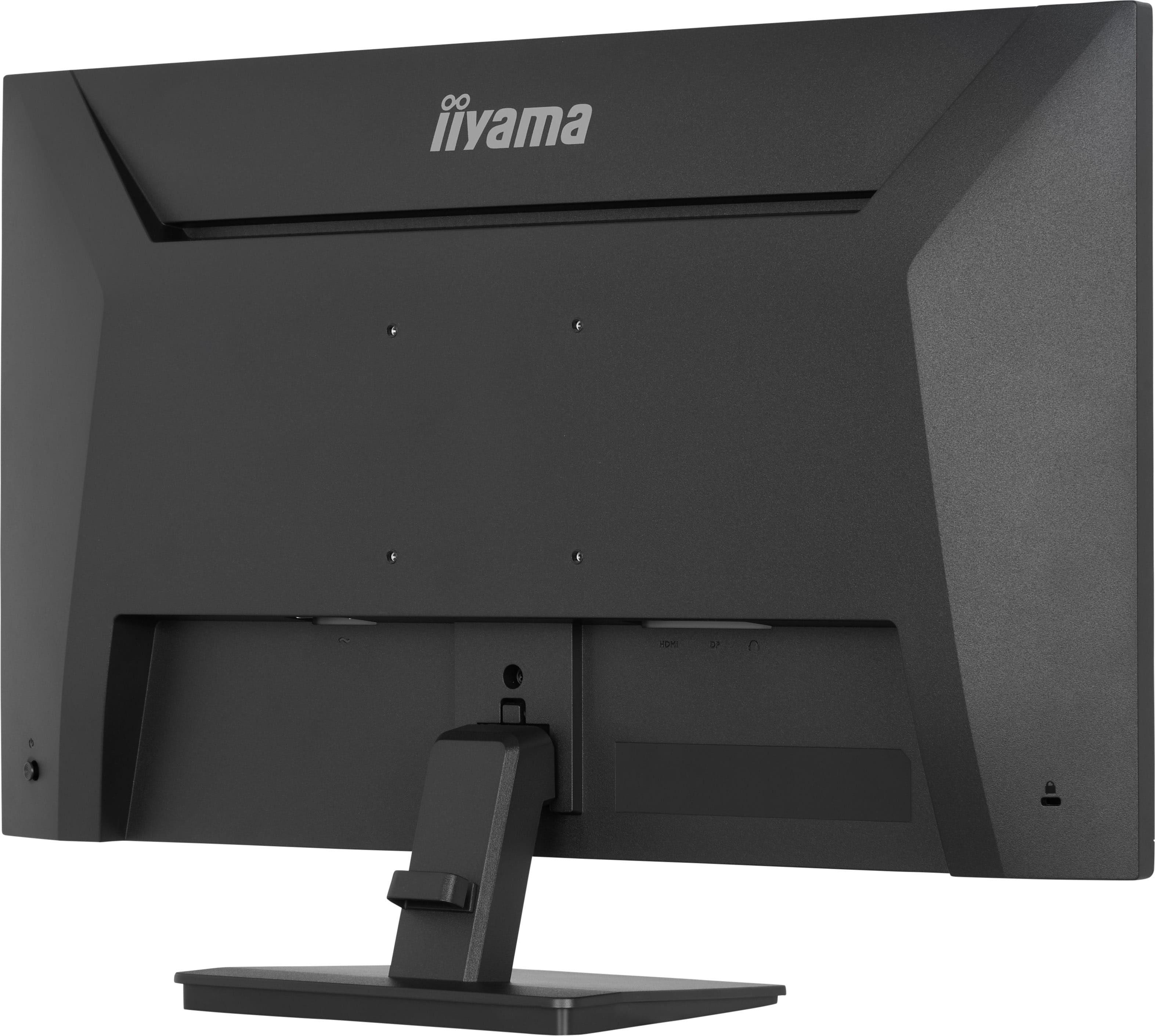 Tył czarnego monitora z logo Iiyama i portami.