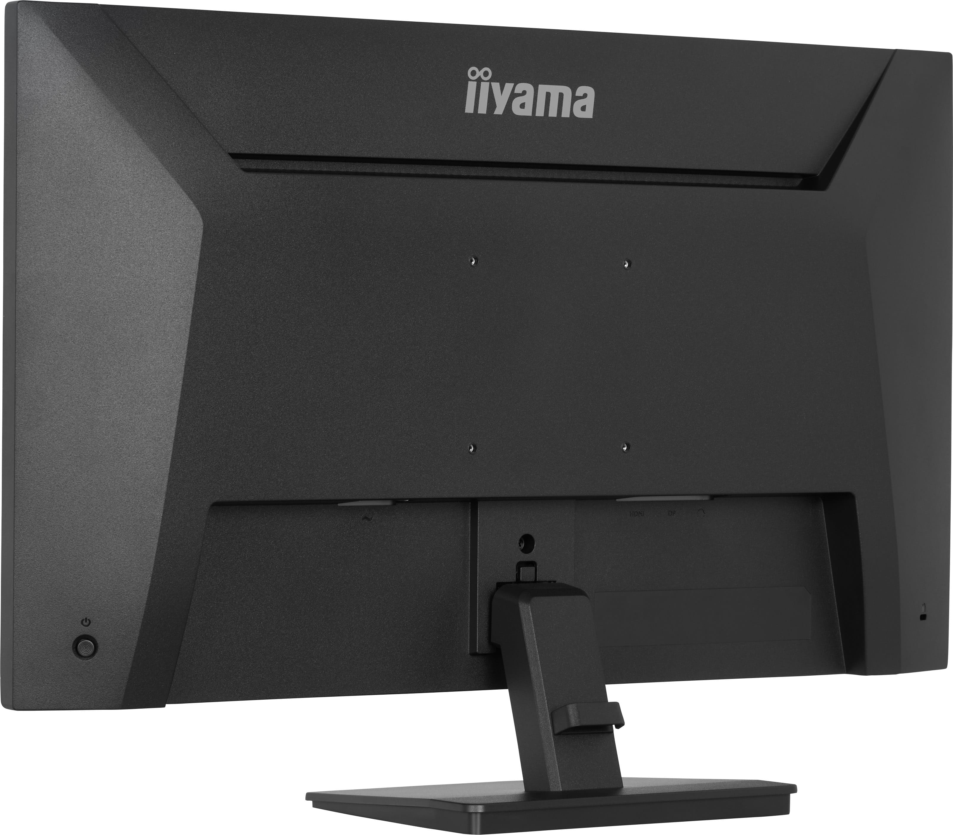 Tył czarnego monitora z srebrnym logo Iiyama i portami.