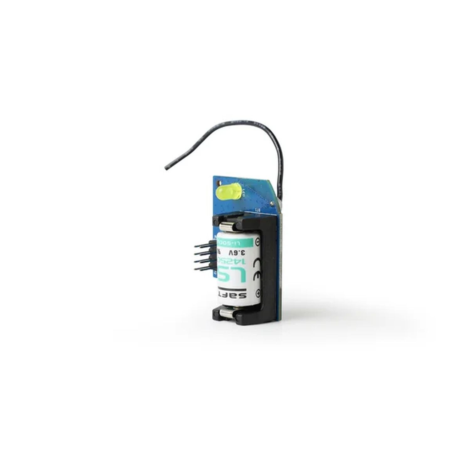 Ein kleiner blauer Schaltkreis mit einer Batterie und einem grünen LED.