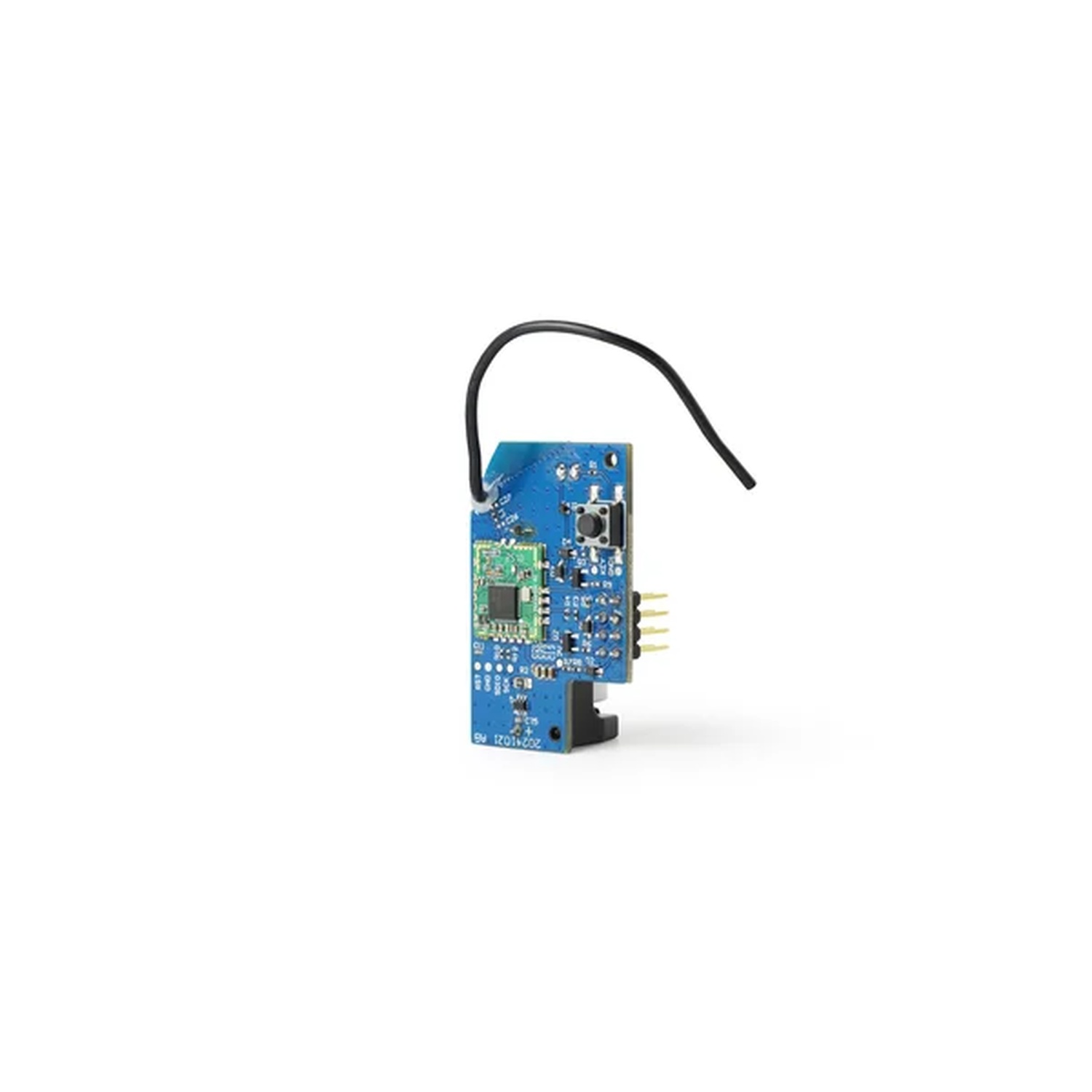 Ein blaues Leiterplattenmodul mit einem grünen Chip, schwarzem Draht und Anschlüssen.