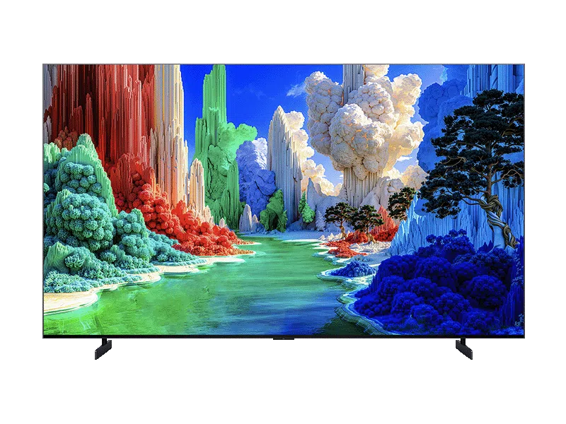 Szürrealista táj, színes sziklaalakzatokkal és zöld vízzel.