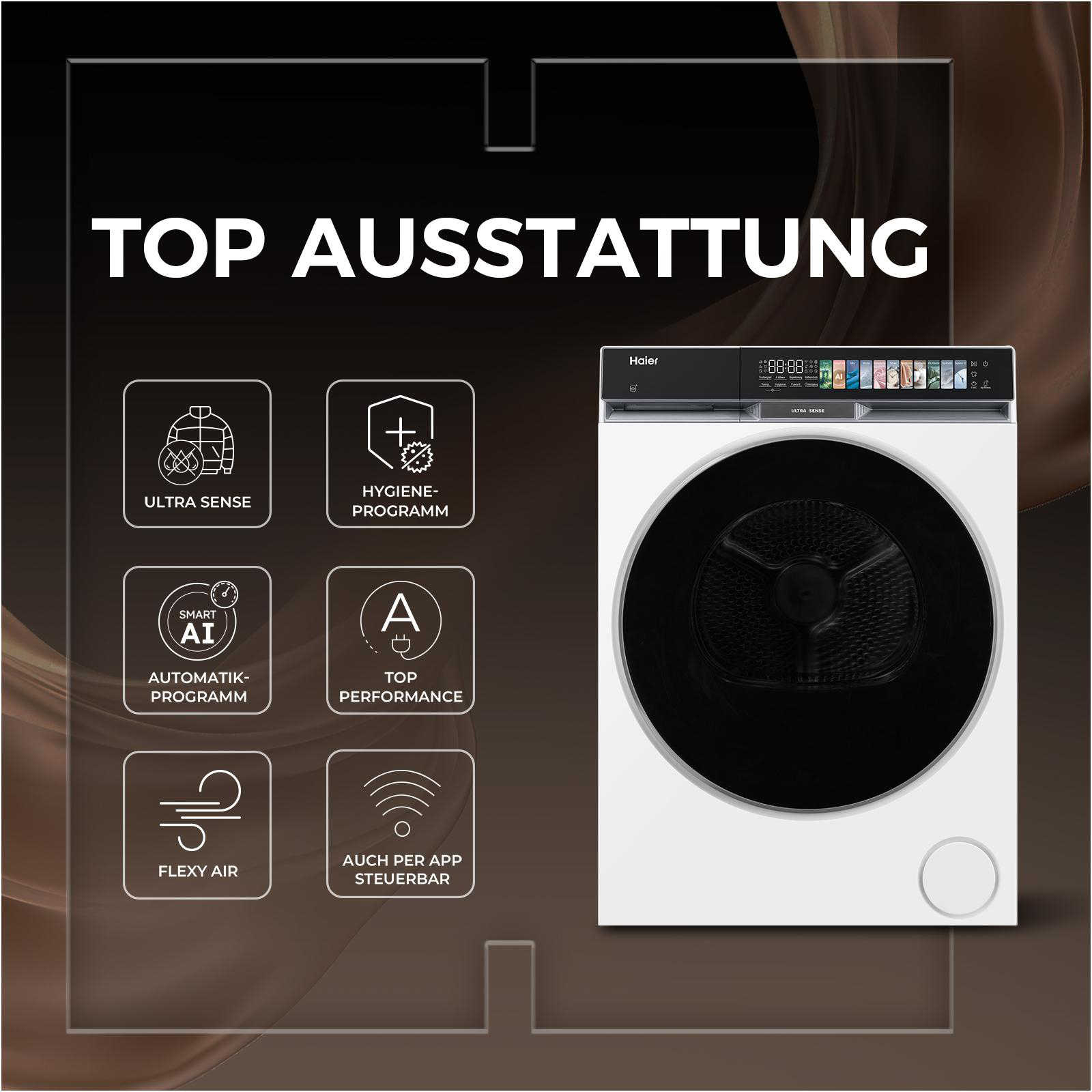 Haier Waschmaschine mit Icons: Ultra Sense, Hygiene, Smart AI, Top Performance, Flexy Air, App-Steuerung.