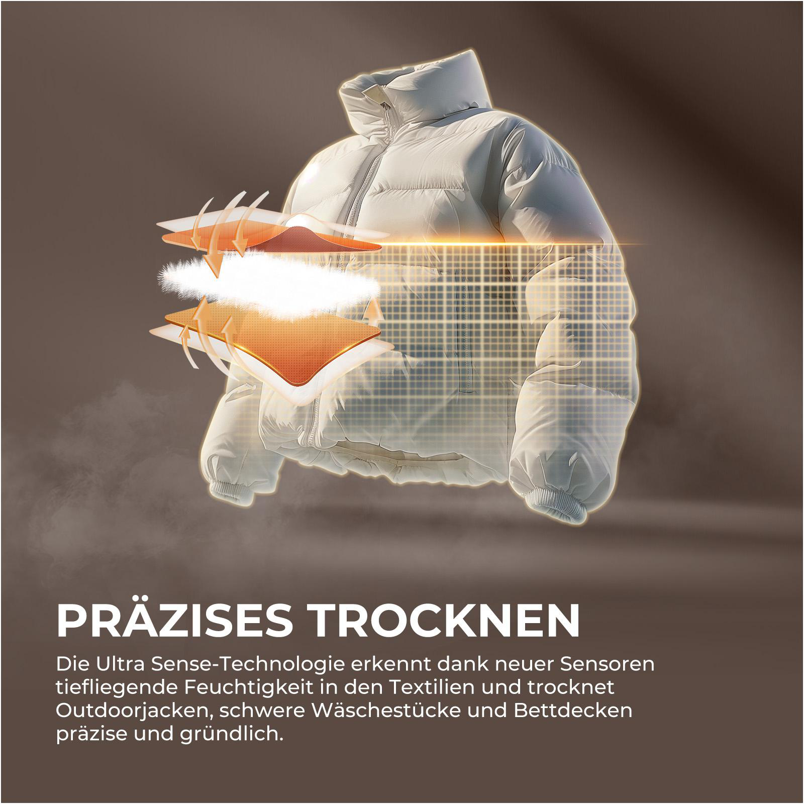 Weiße Daunenjacke mit Technologie-Grafik und Pfeilen, die Feuchtigkeit anzeigen.
