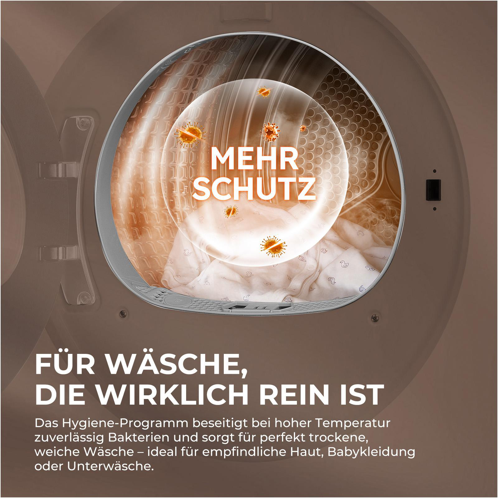 Wäschetrommel mit Bakterien-Symbolen und Text "MEHR SCHUTZ".