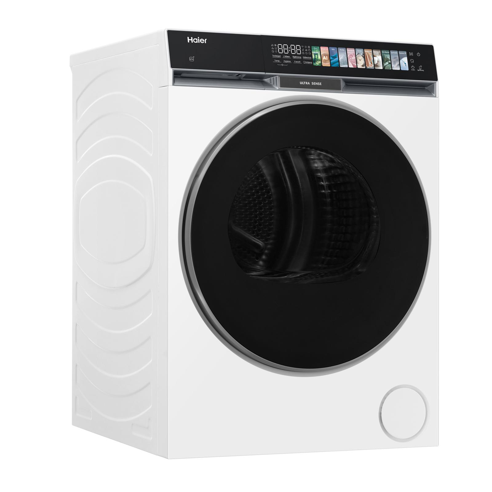 Eine weiße Haier-Waschmaschine mit schwarzer Tür und Digitalanzeige.