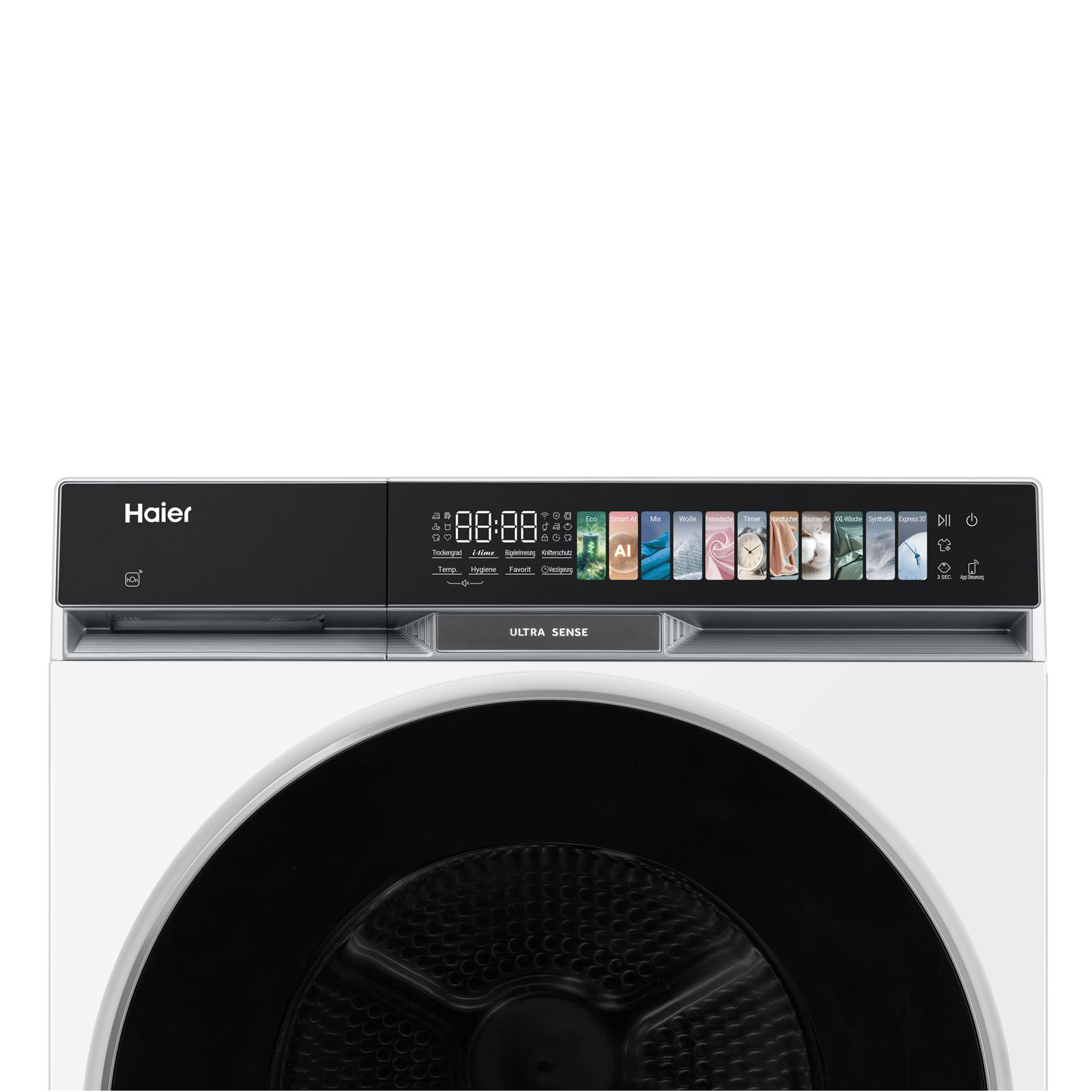 Haier Waschmaschine Bedienfeld mit Programmen und digitaler Anzeige.