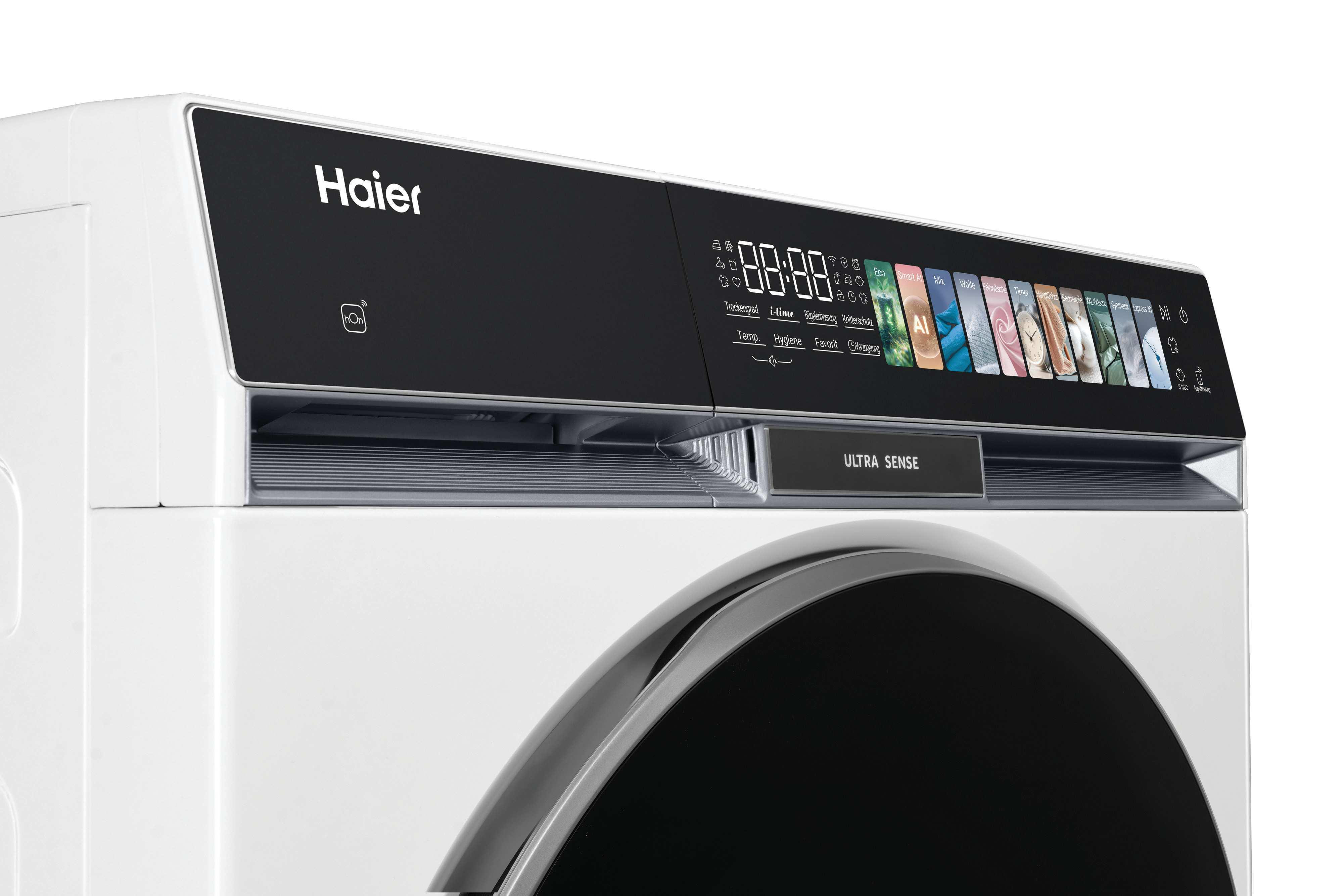 Haier Waschmaschine mit digitalem Display und verschiedenen Programmen.