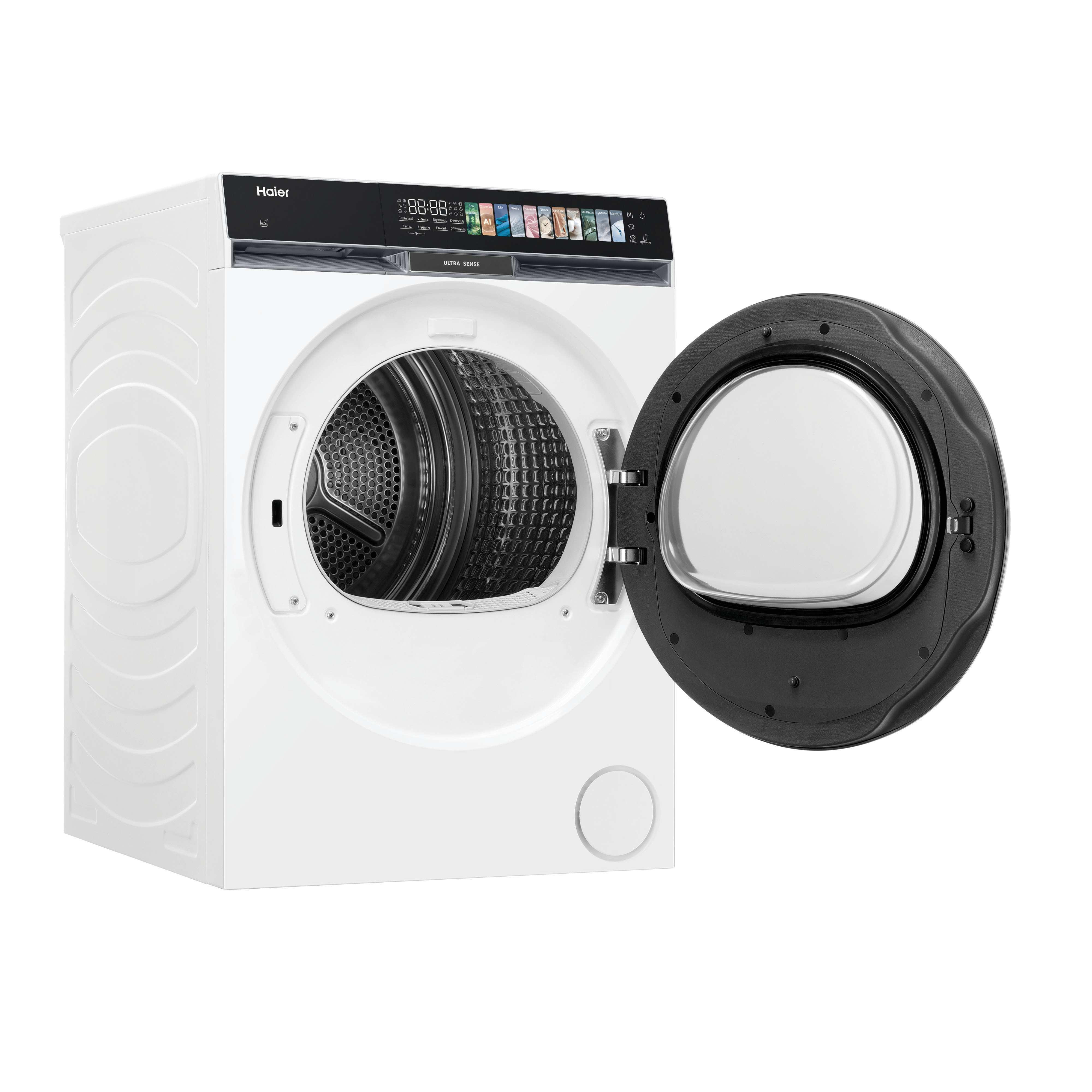 Weiße Haier-Waschmaschine mit geöffneter schwarzer Tür und digitalem Display.