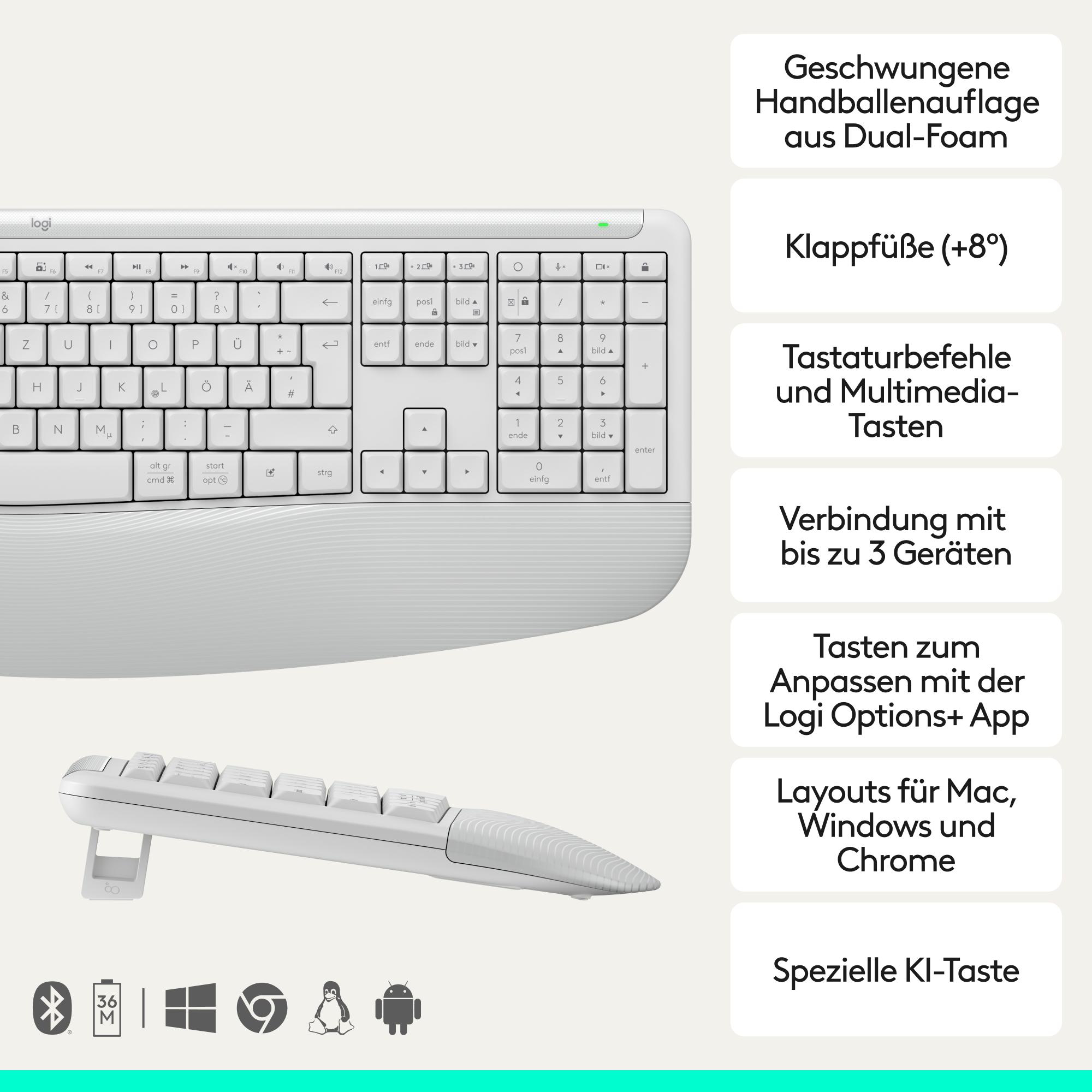 Weiße Logitech Tastatur mit ergonomischem Design und Symbolen.