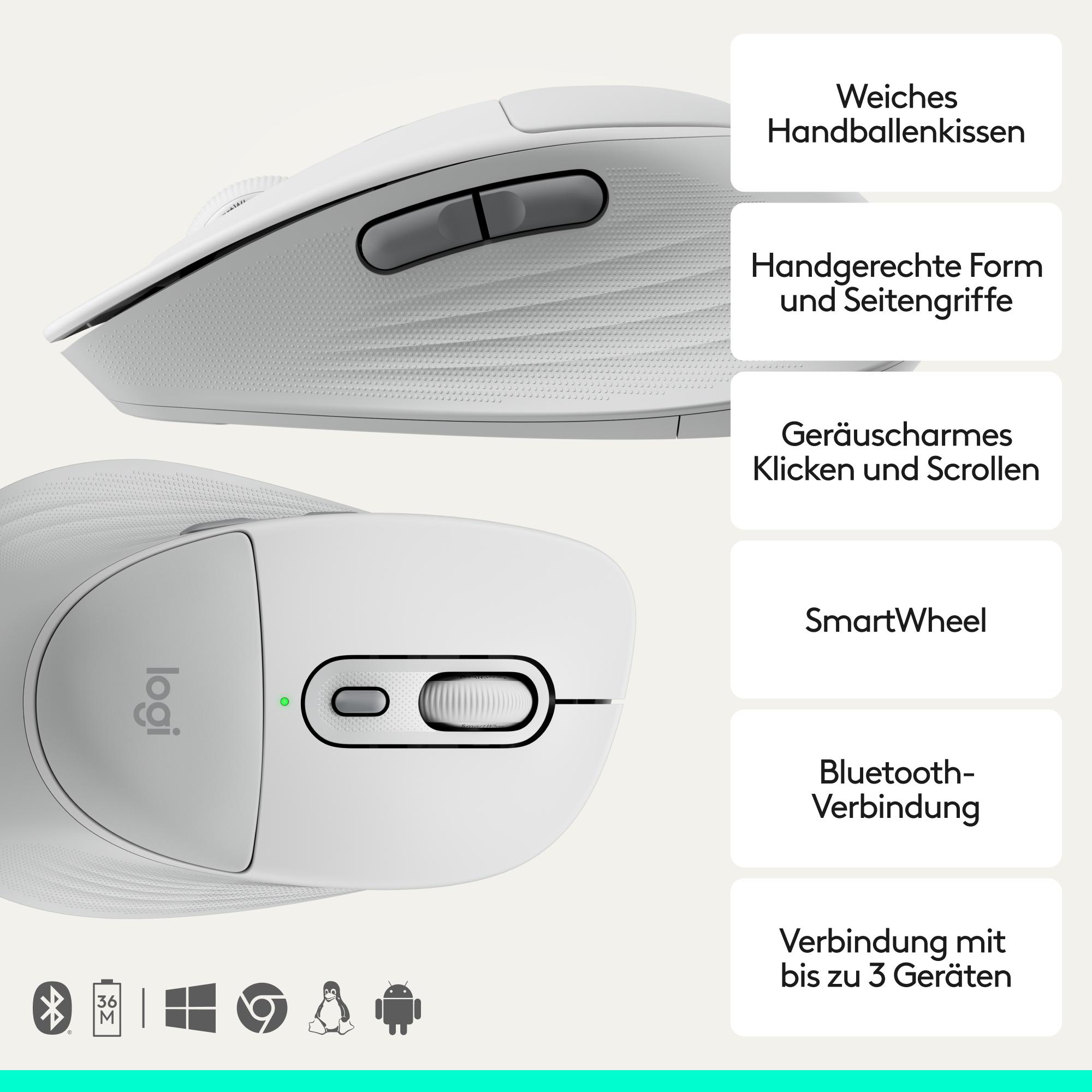 Weiße Logitech Maus mit SmartWheel, Seitengriffen und Bluetooth-Verbindung.