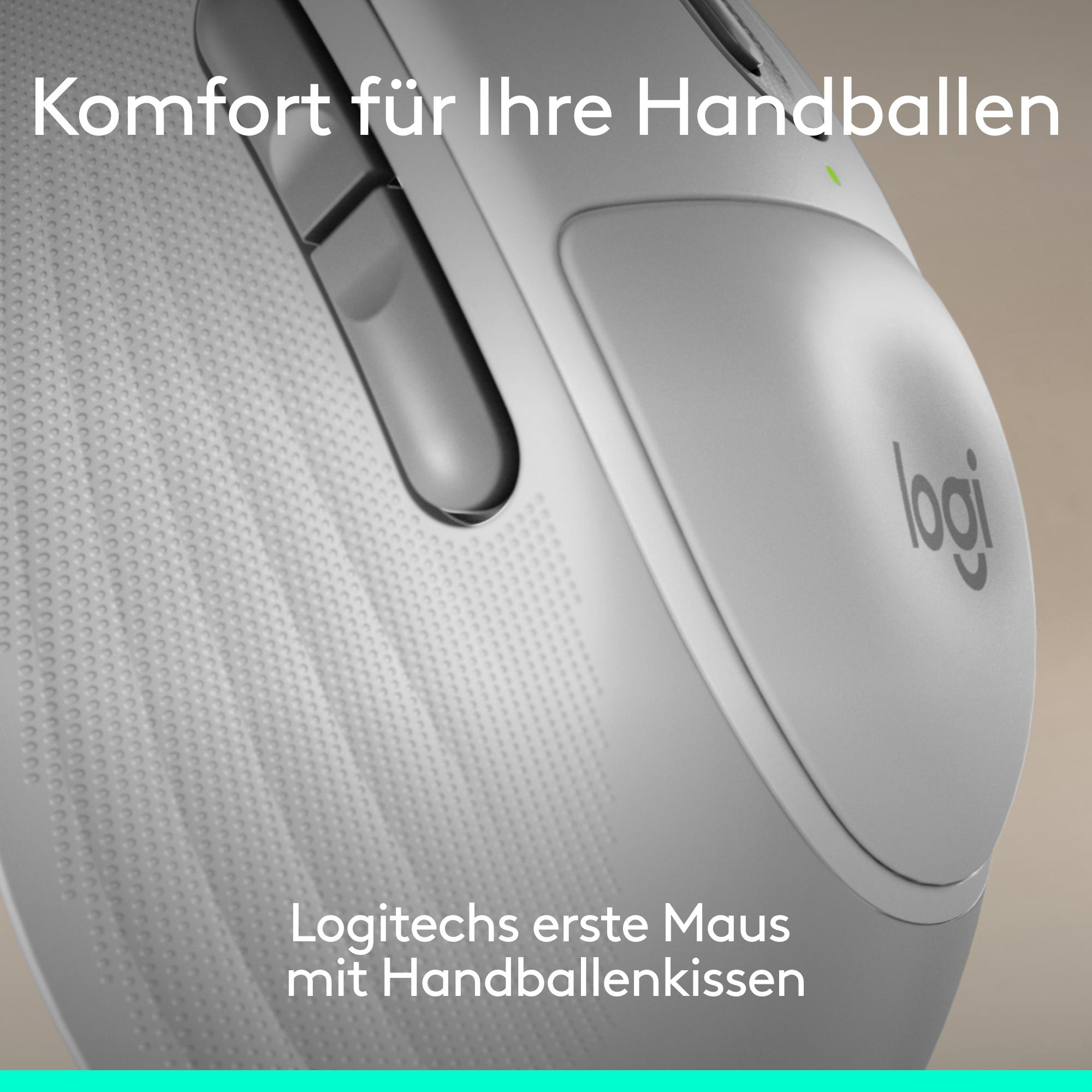 Graue Logitech Maus mit Handballenauflage und Text.