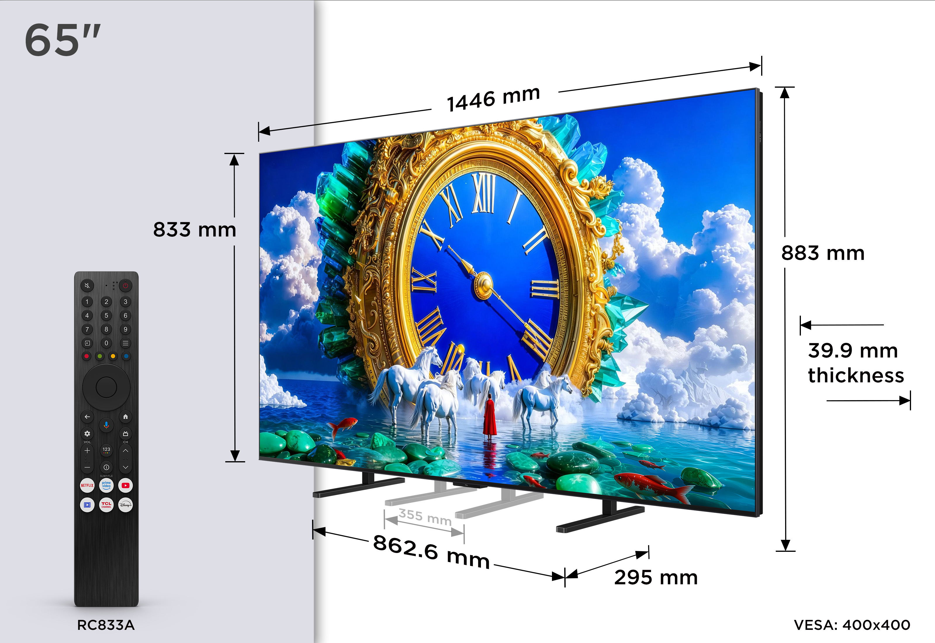 Egy 65 hüvelykes TV távirányítóval és részletes méretekkel.