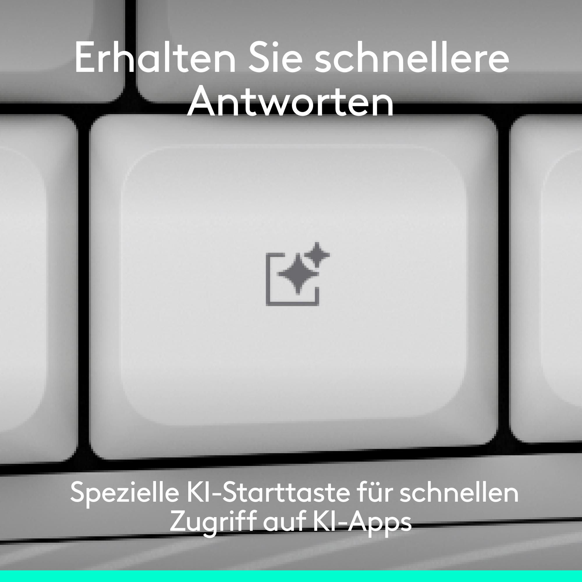 Eine Tastatur mit KI-Symbol und Text über schnelle Antworten.