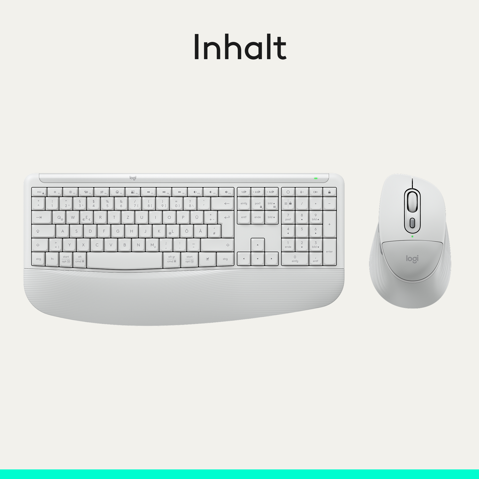 Ein weißes Logitech-Keyboard und eine Maus auf hellem Hintergrund.