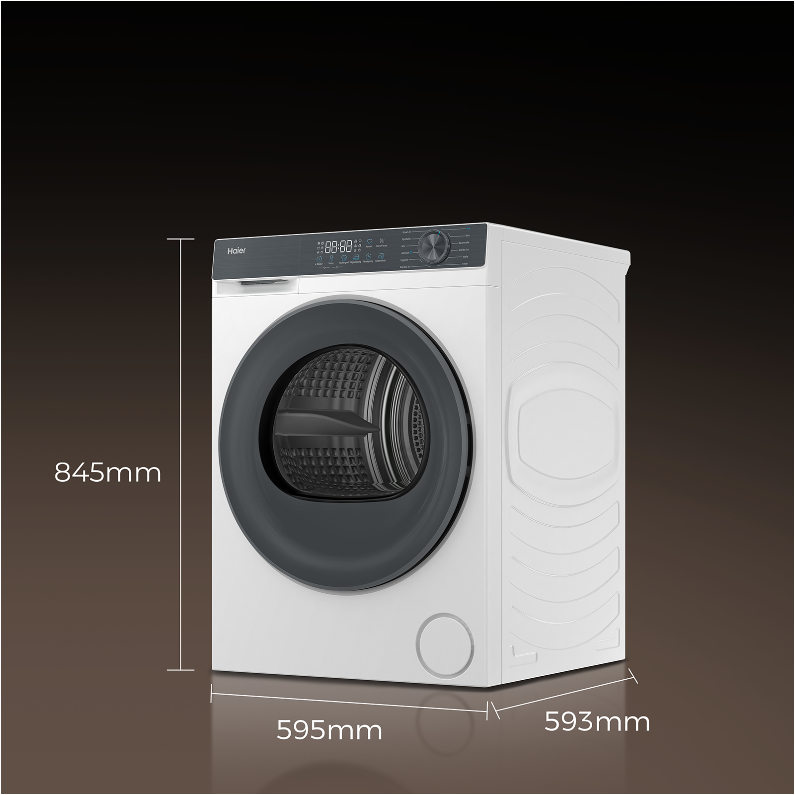 Eine weiße Haier Waschmaschine mit schwarzer Tür und Bedienfeld.
