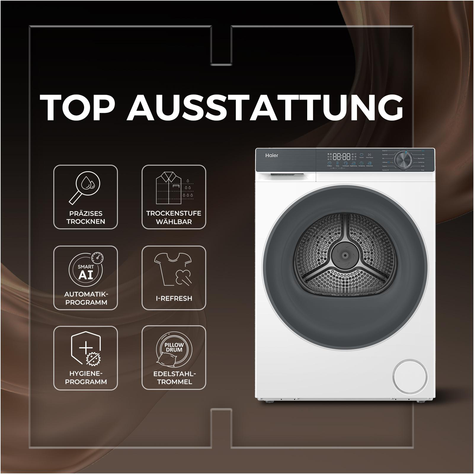 Haier Trockner mit Icons für Präzises Trocknen, wählbare Trockenstufen, Automatik-Programm, I-Refresh, Hygiene & Edelstahl-Trommel.