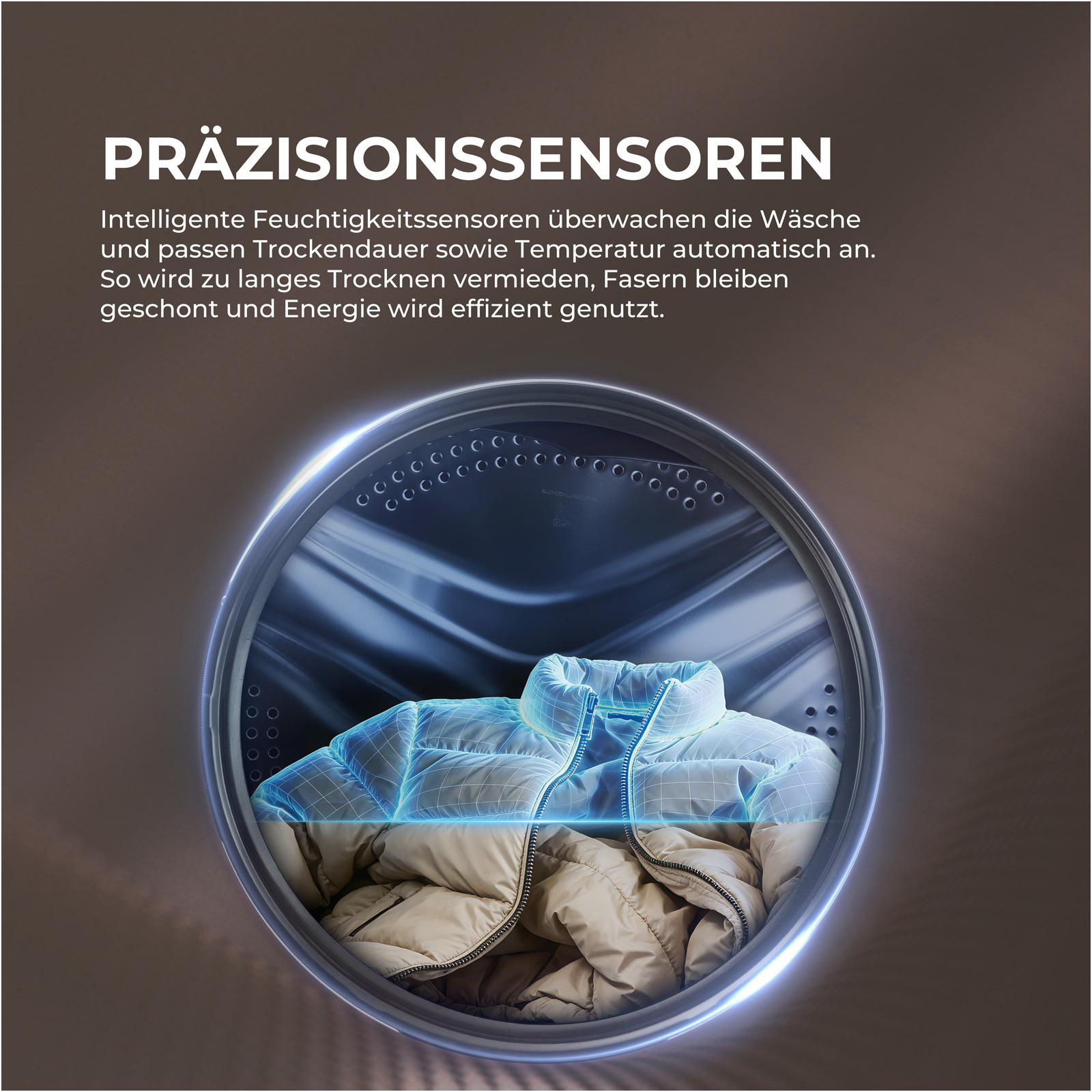 Ein Trockner mit Präzisionssensoren, der eine Jacke und Kleidung trocknet.
