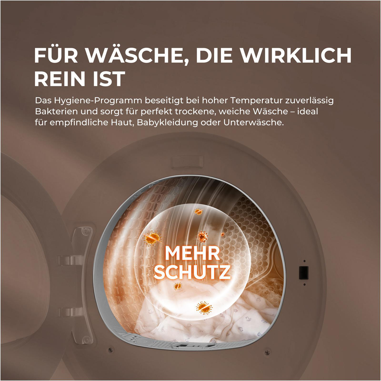 Eine Waschmaschine mit dem Text „Mehr Schutz“ und Bakterien-Symbolen.