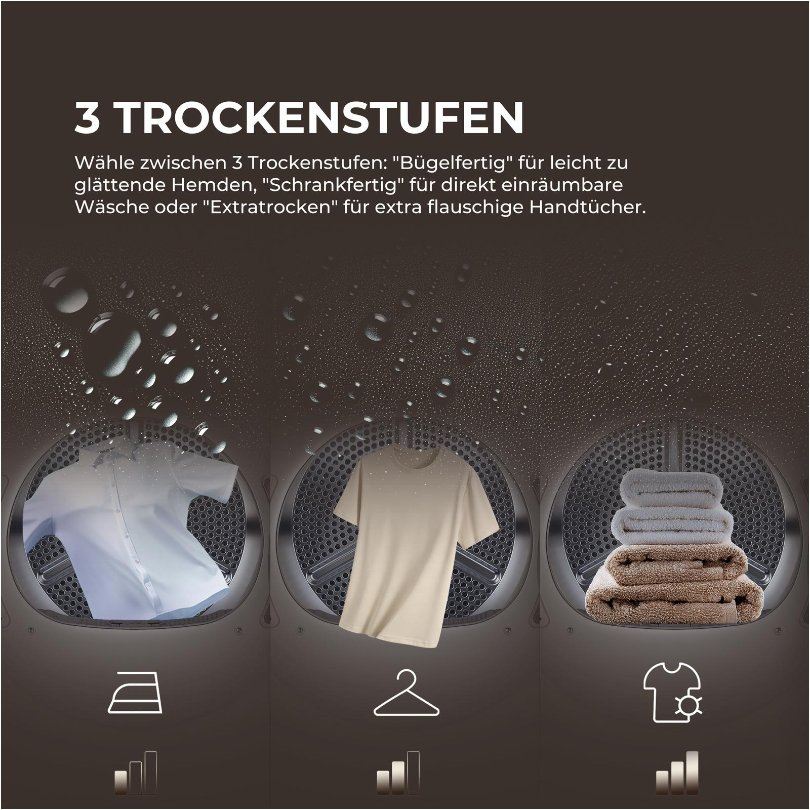 Drei Trockenstufen: Hemden, T-Shirts und Handtücher in Trocknern.
