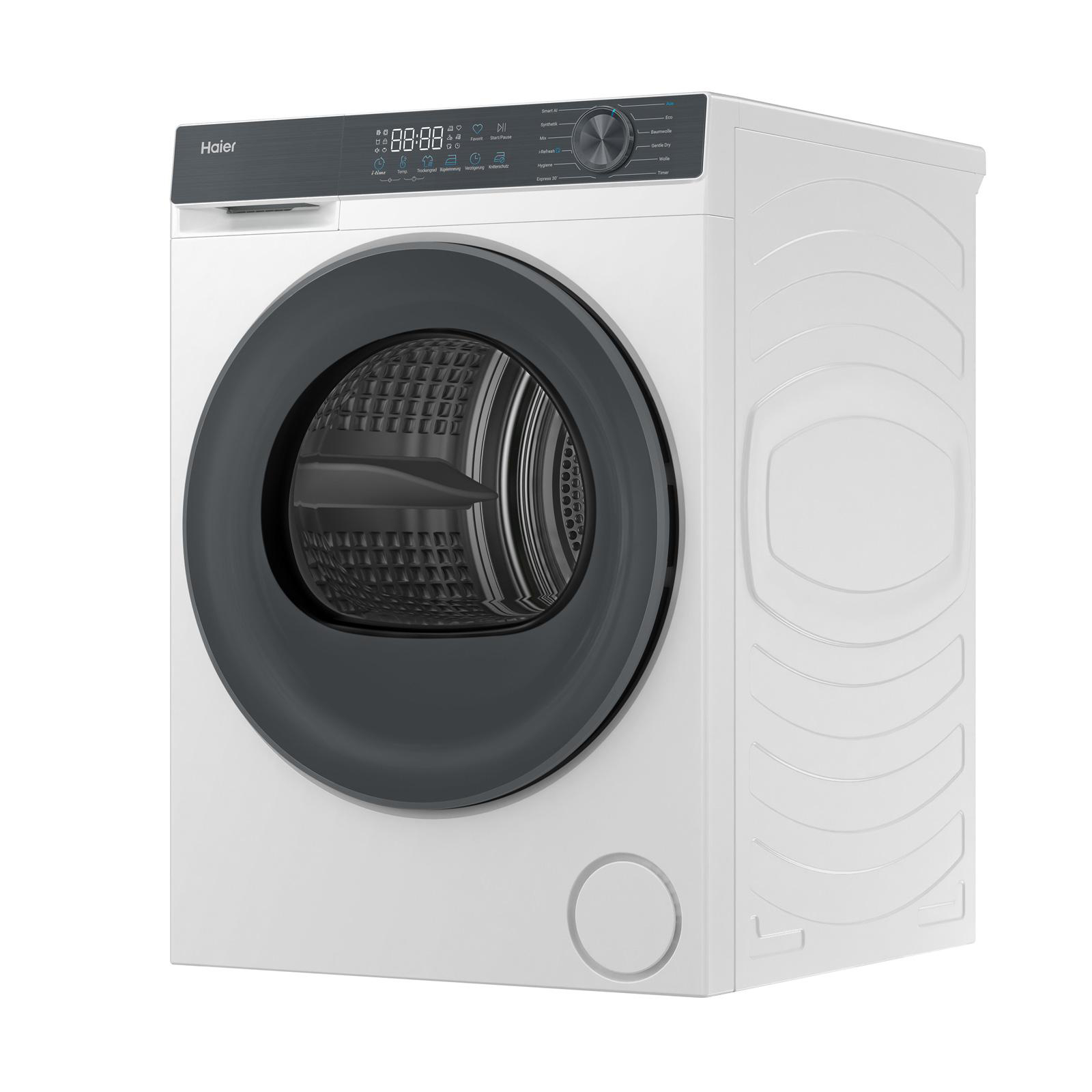 Eine weiße Haier Waschmaschine mit schwarzer Tür und digitalem Bedienfeld.