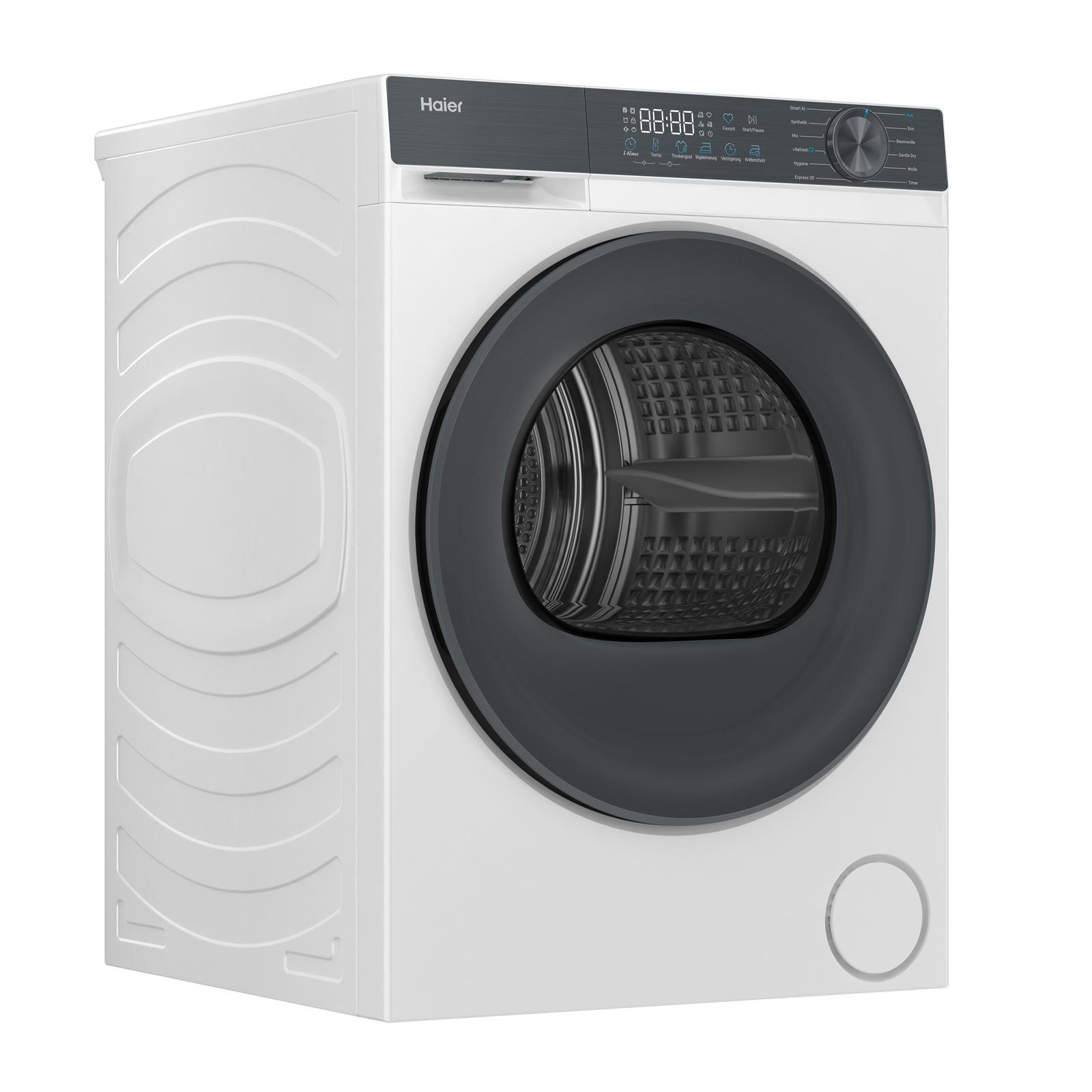 Weiße Haier Waschmaschine mit schwarzer Tür und digitalem Display.