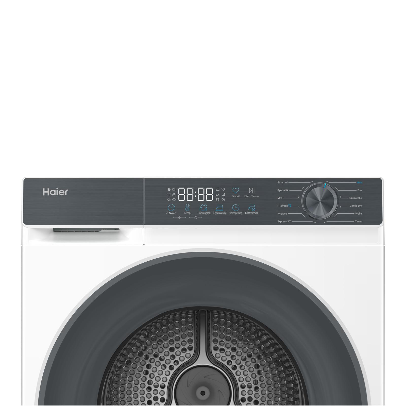 Haier Trockner mit digitaler Anzeige, Programmwahl und runder Steuerung.