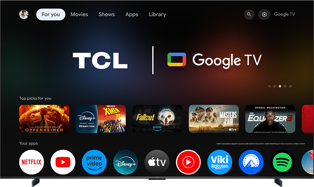 TCL Google TV kezdőképernyő kiemelt tartalmakkal és olyan appokkal, mint a Netflix és a Disney+.