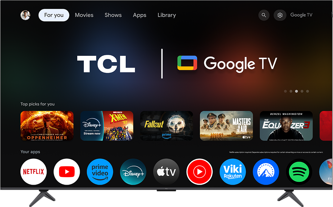 TCL Google TV kezdőképernyő film- és alkalmazásjavaslatokkal.