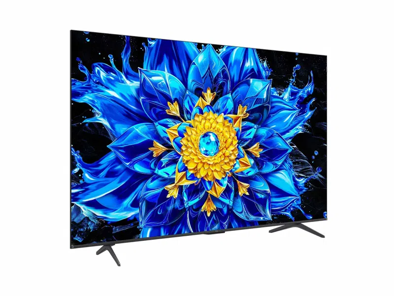 Egy modern televízió élénk kék és sárga virágos képernyővel.