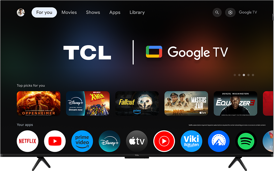 Google TV kezdélék filmekkel és alkalmazásokkal. TCL és Google TV logók.