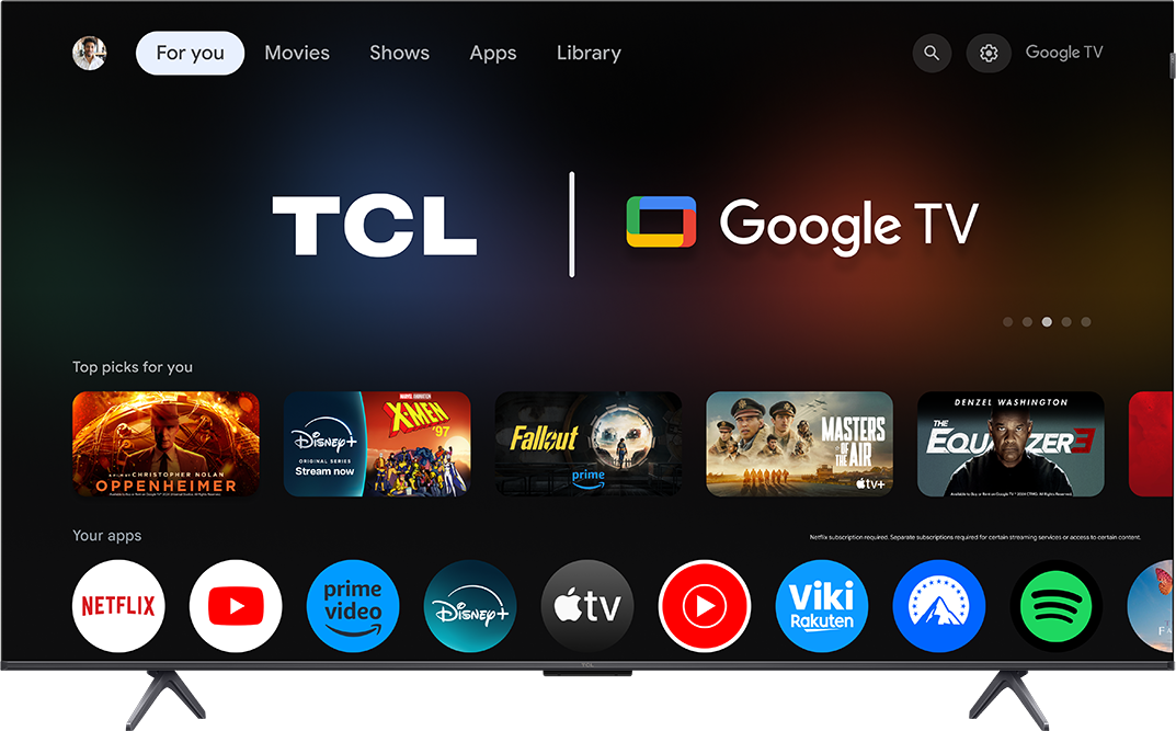 TCL Google TV kezdőképernyő Oppenheimerhez hasonló címekkel és Netflix-hez hasonló appokkal.