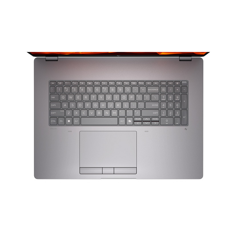 Grauer Laptop mit Tastatur und Touchpad. Die Oberseite ist orange und schwarz gemustert.