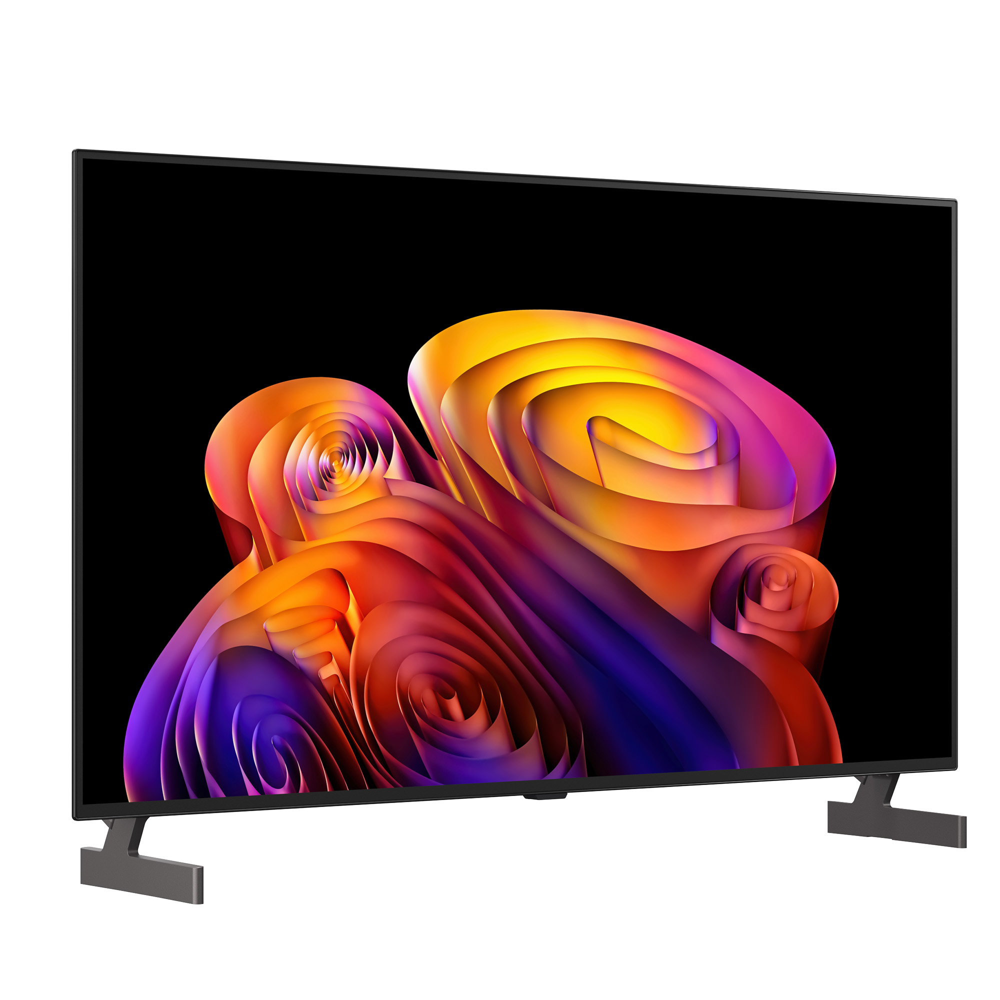 Televisor moderno con pantalla abstracta y colorida y soporte negro elegante.