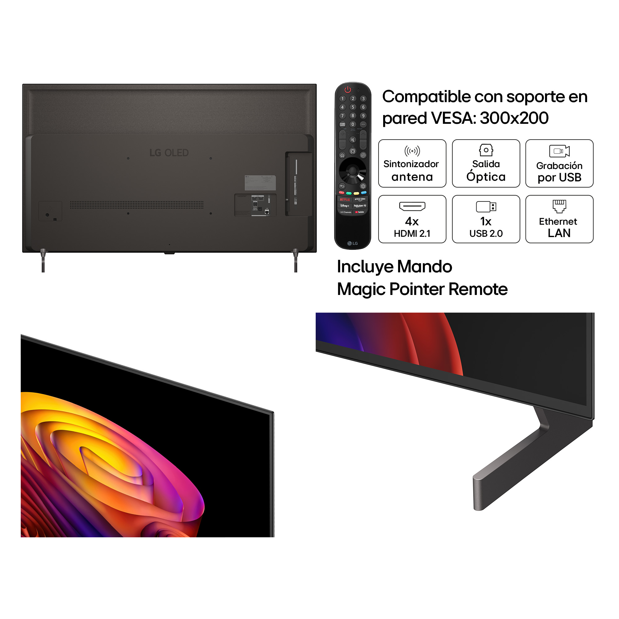 Parte trasera de un televisor LG OLED con mando y detalles de conexión.