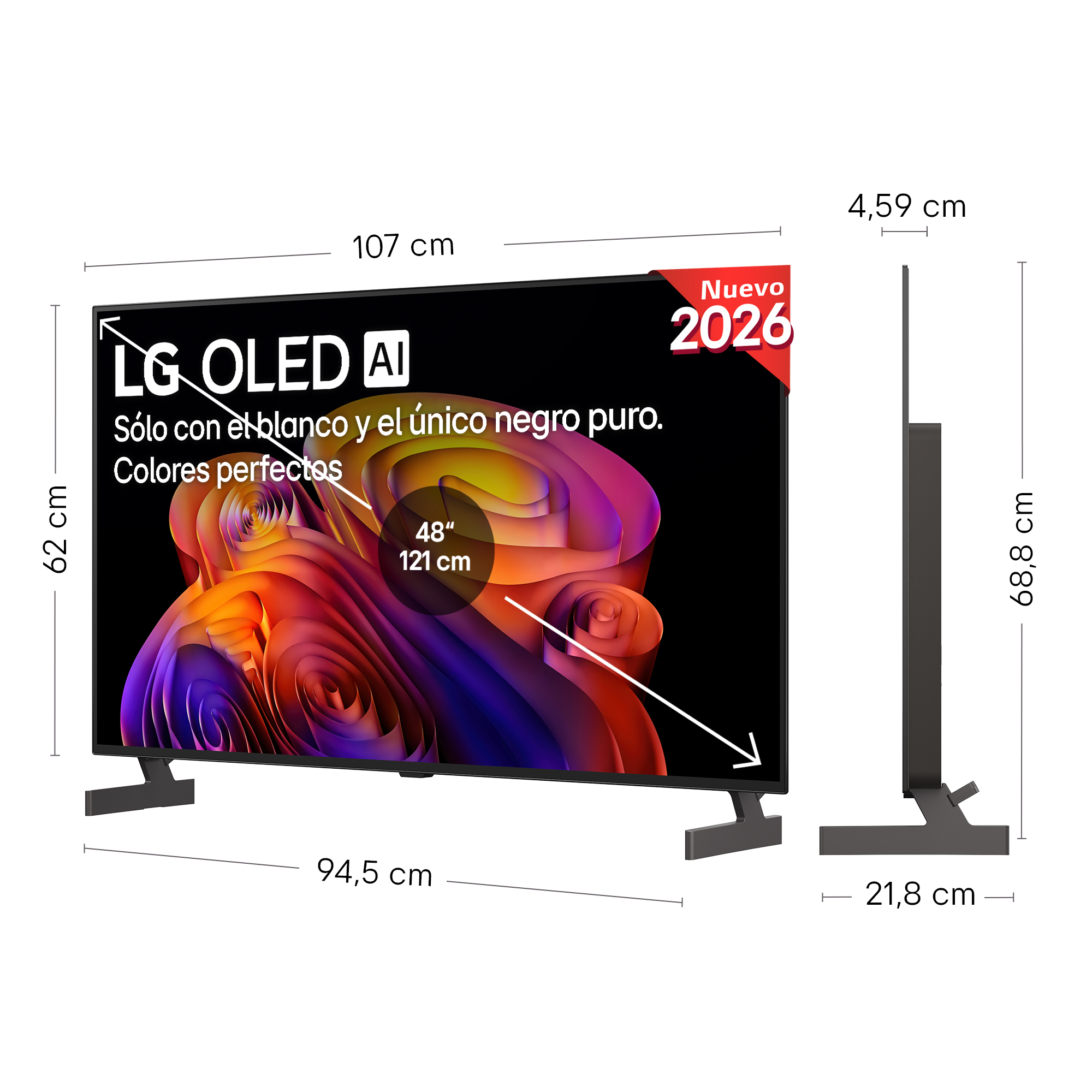 Un televisor LG OLED AI negro con imágenes abstractas coloridas y dimensiones.