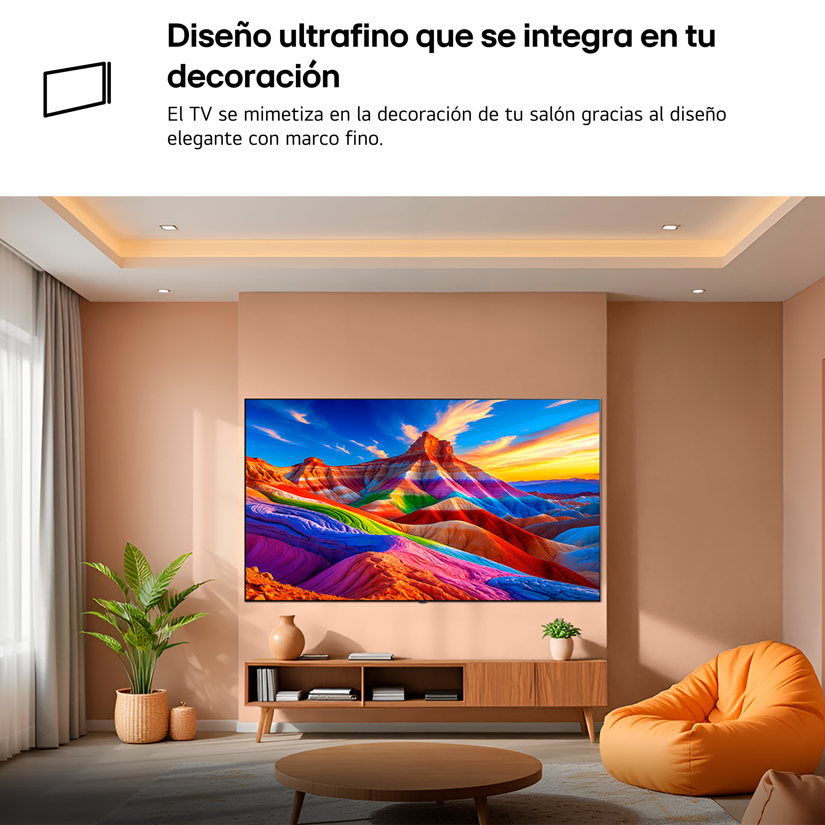 Una sala de estar con un televisor que muestra un paisaje montañoso colorido.