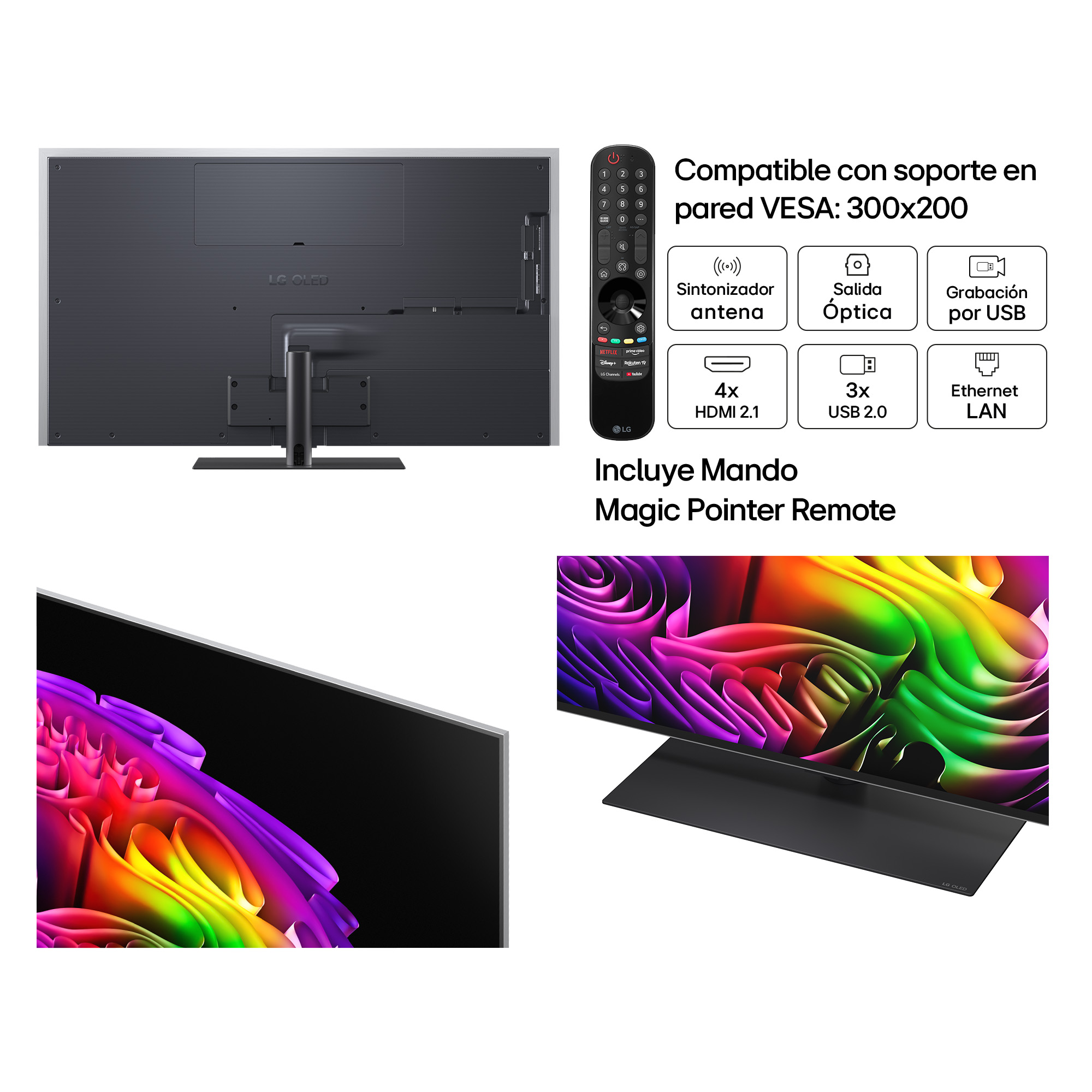 Parte trasera de TV LG OLED con mando y detalles de conexión.