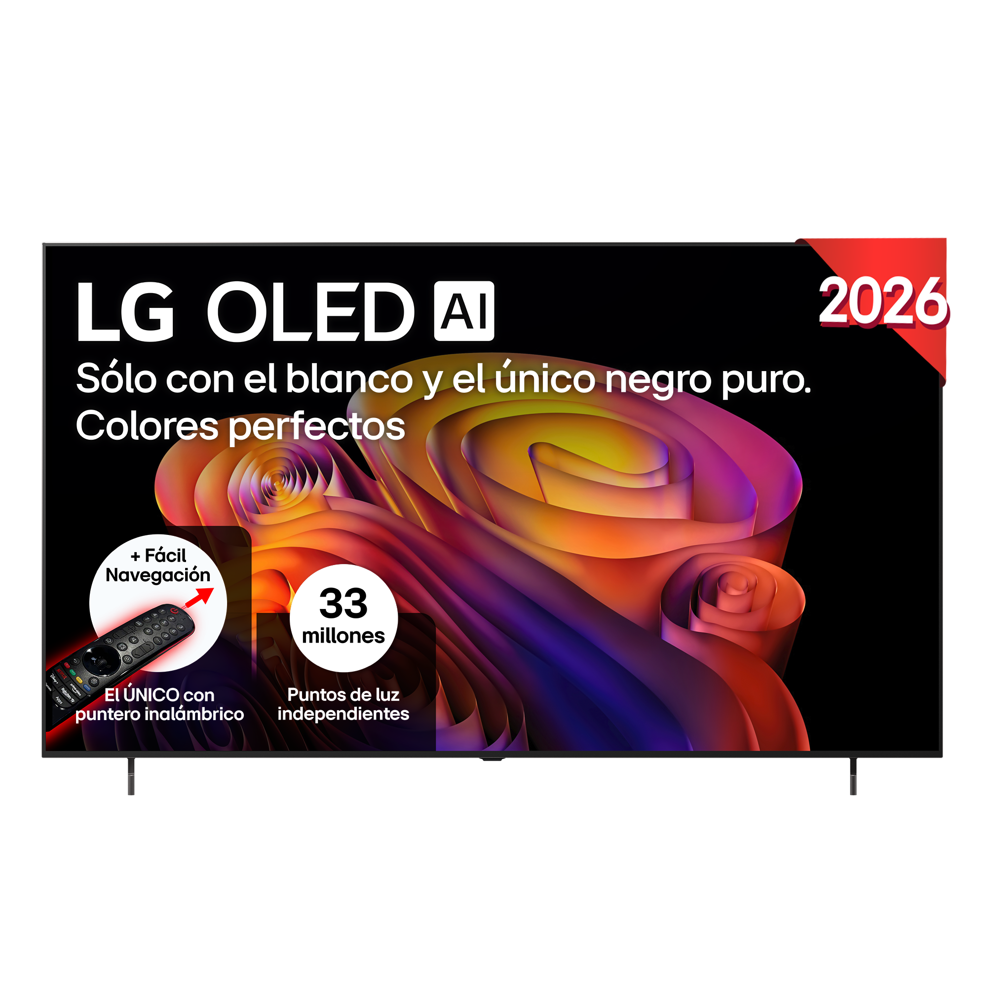 LG OLED TV con IA, mando y arte abstracto. "2026" y "33 millones".