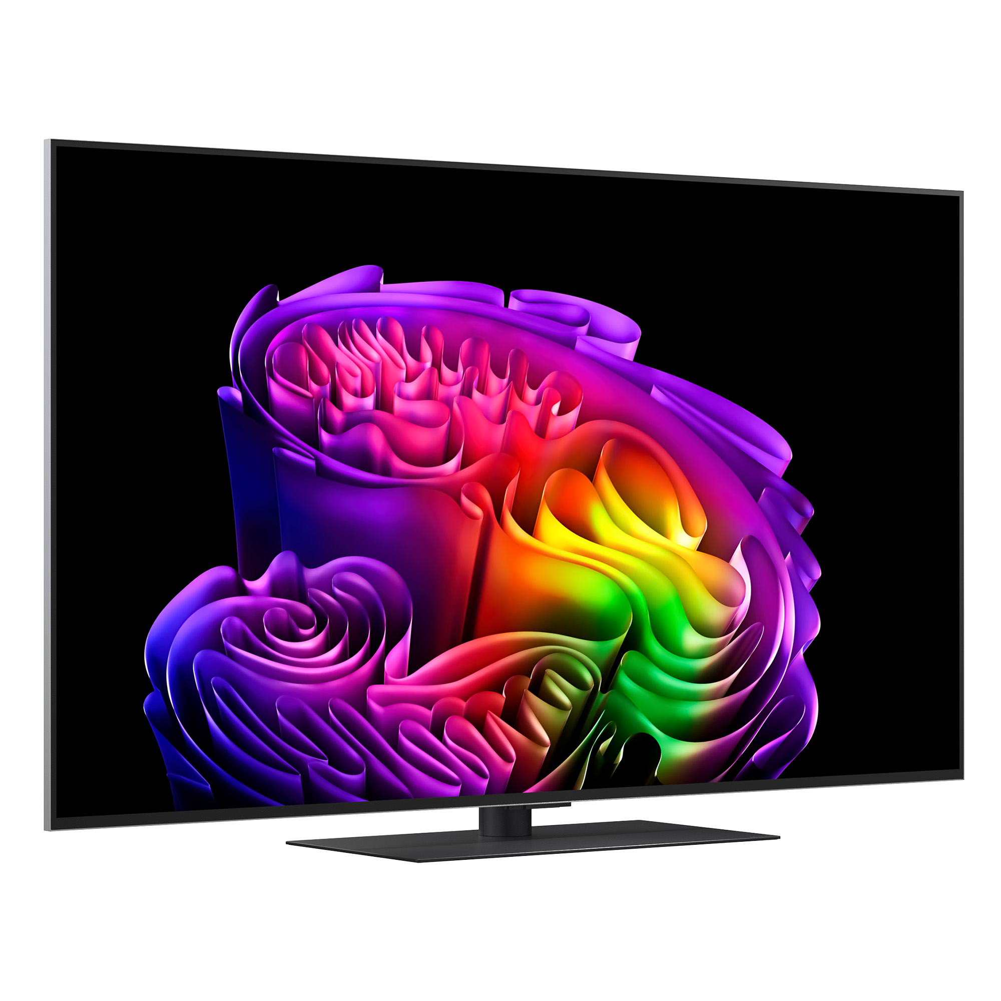 Un televisor moderno que muestra un patrón abstracto y colorido en pantalla.