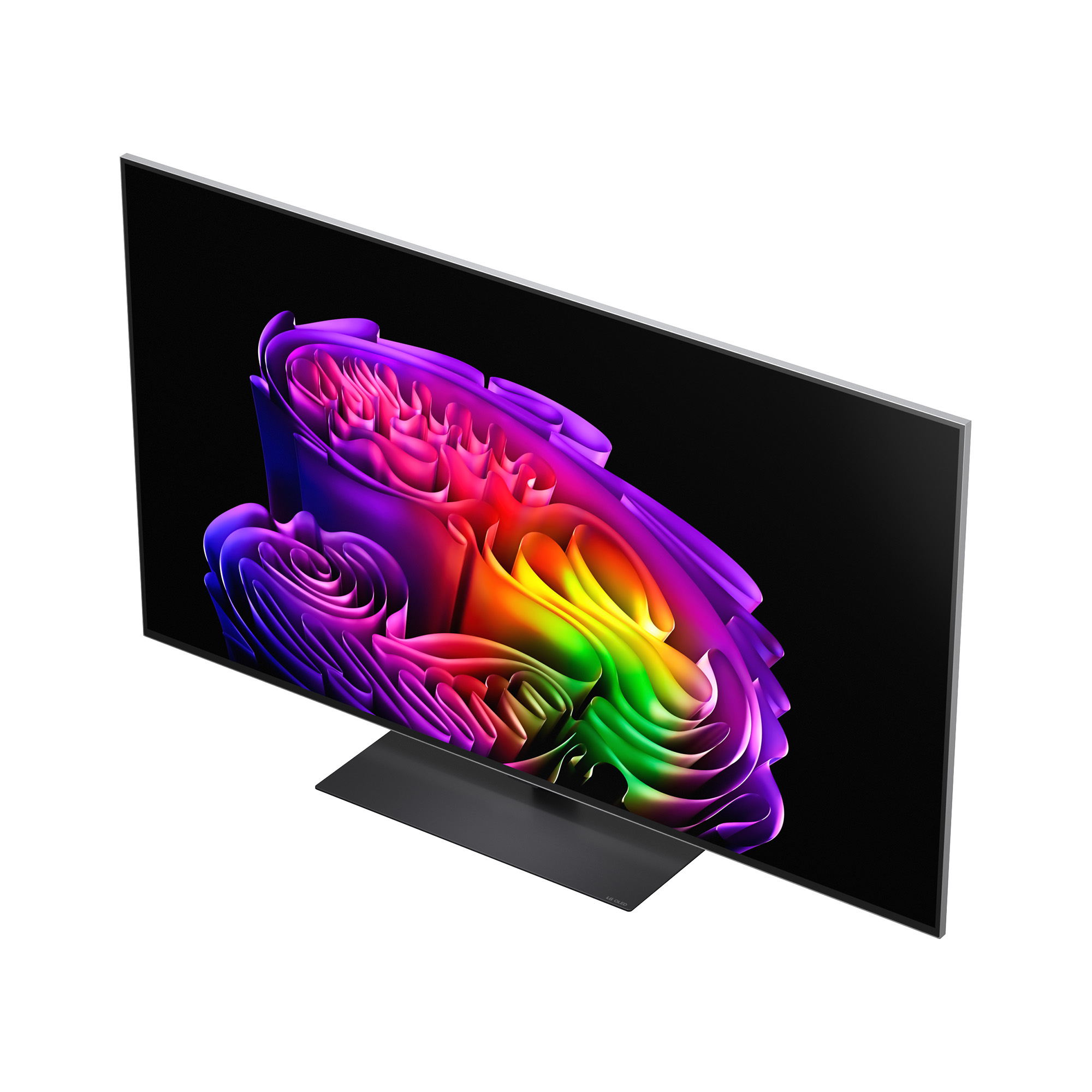 Un televisor moderno de pantalla plana muestra un patrón abstracto y colorido.