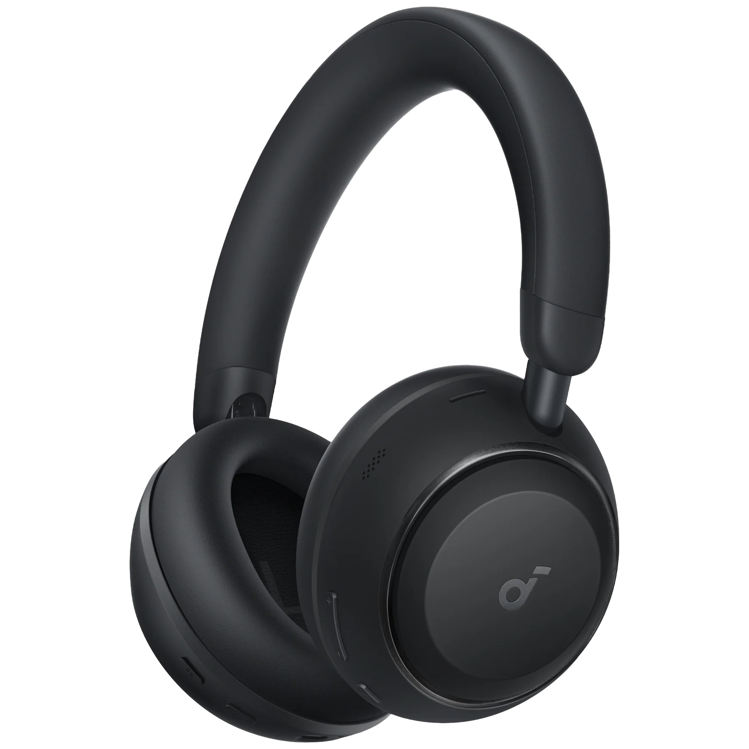 Zwarte over-ear koptelefoon met gewatteerde hoofdband en ronde oorschelpen.