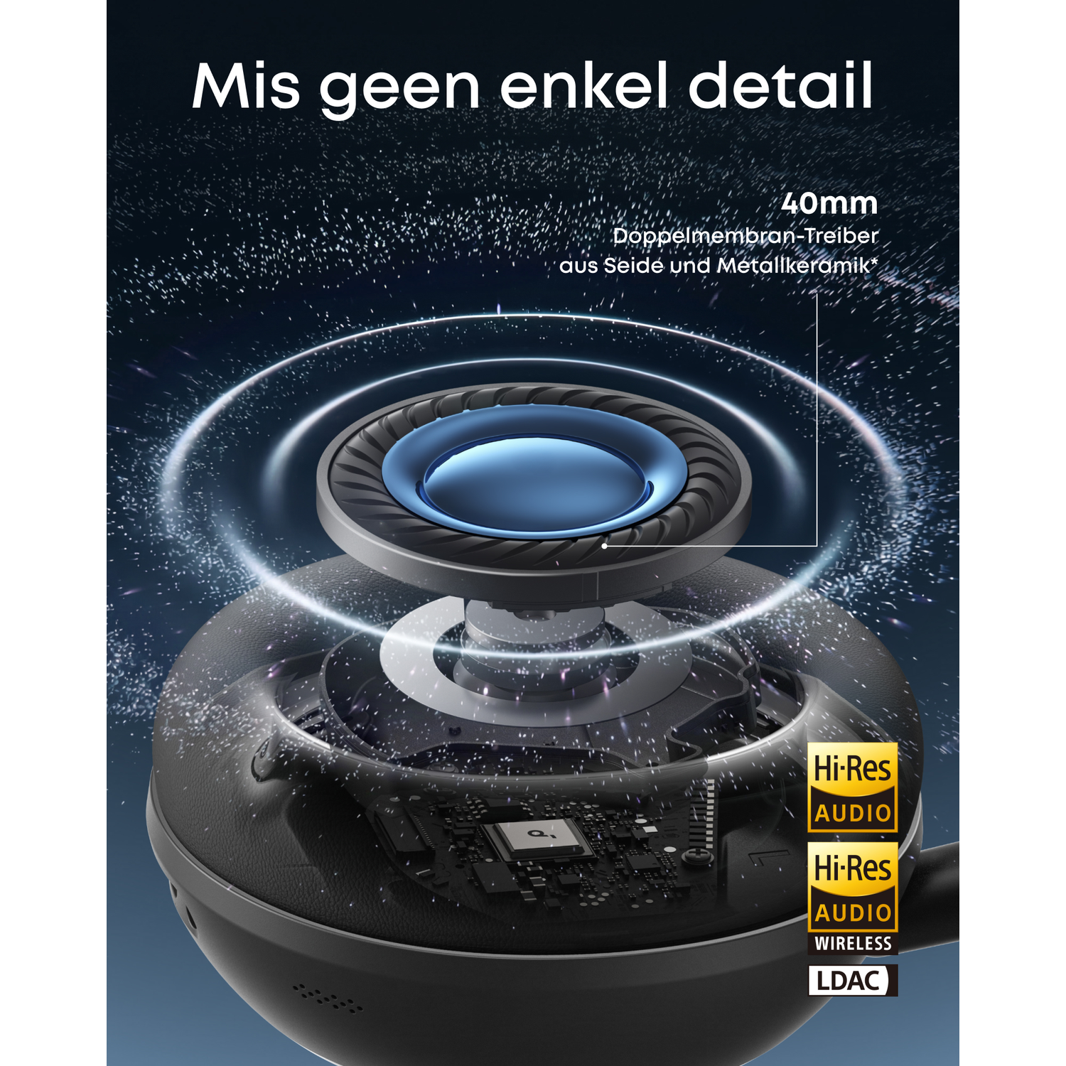 Close-up van een hoofdtelefoondriver met Hi-Res Audio en LDAC-zegels.