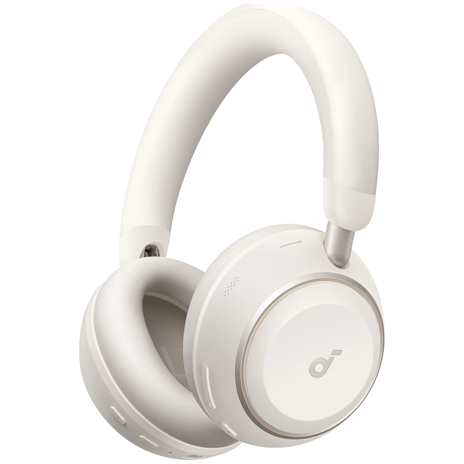 Witte draadloze koptelefoon met gewatteerde hoofdband en oorkappen.