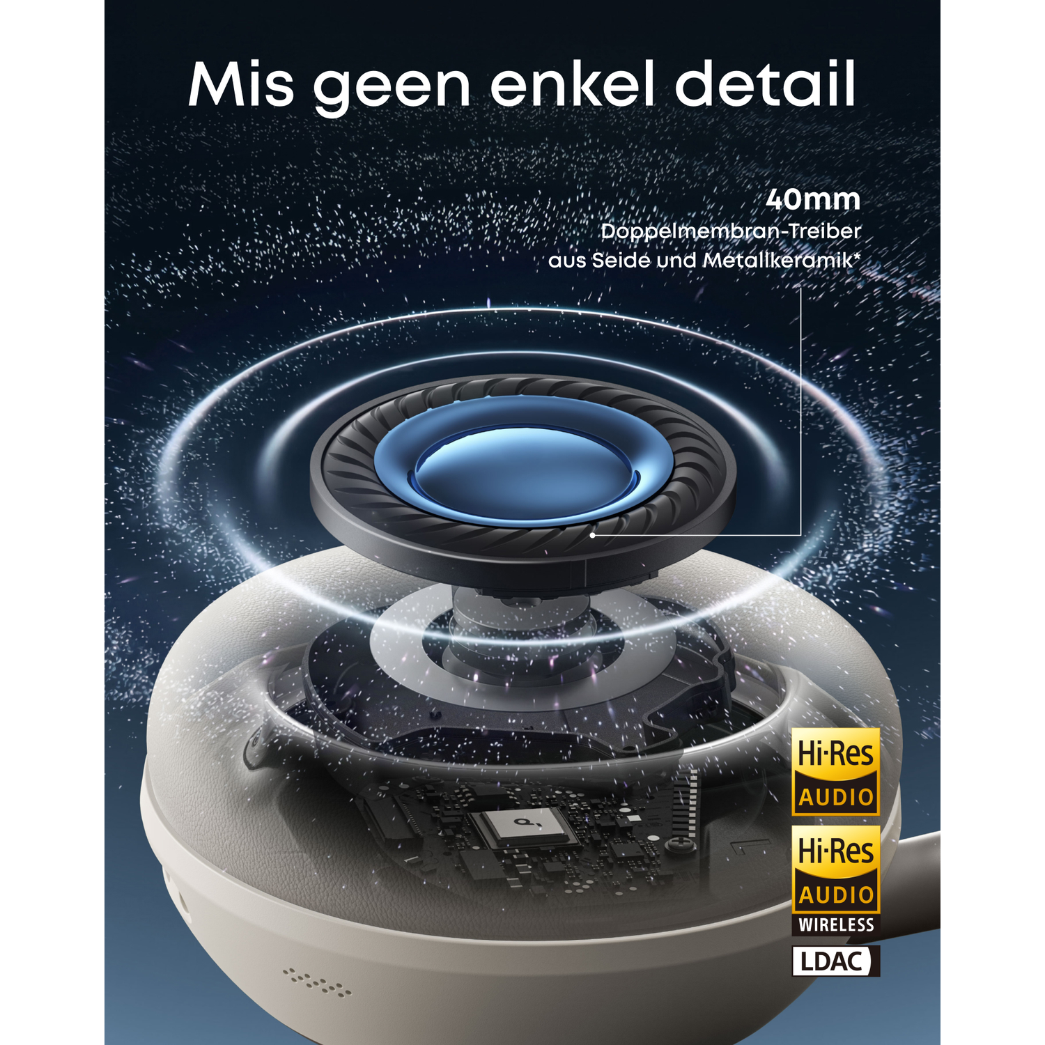 Close-up van hoofdtelefoon driver, 40 mm "Hi-Res Audio" logo's zichtbaar.