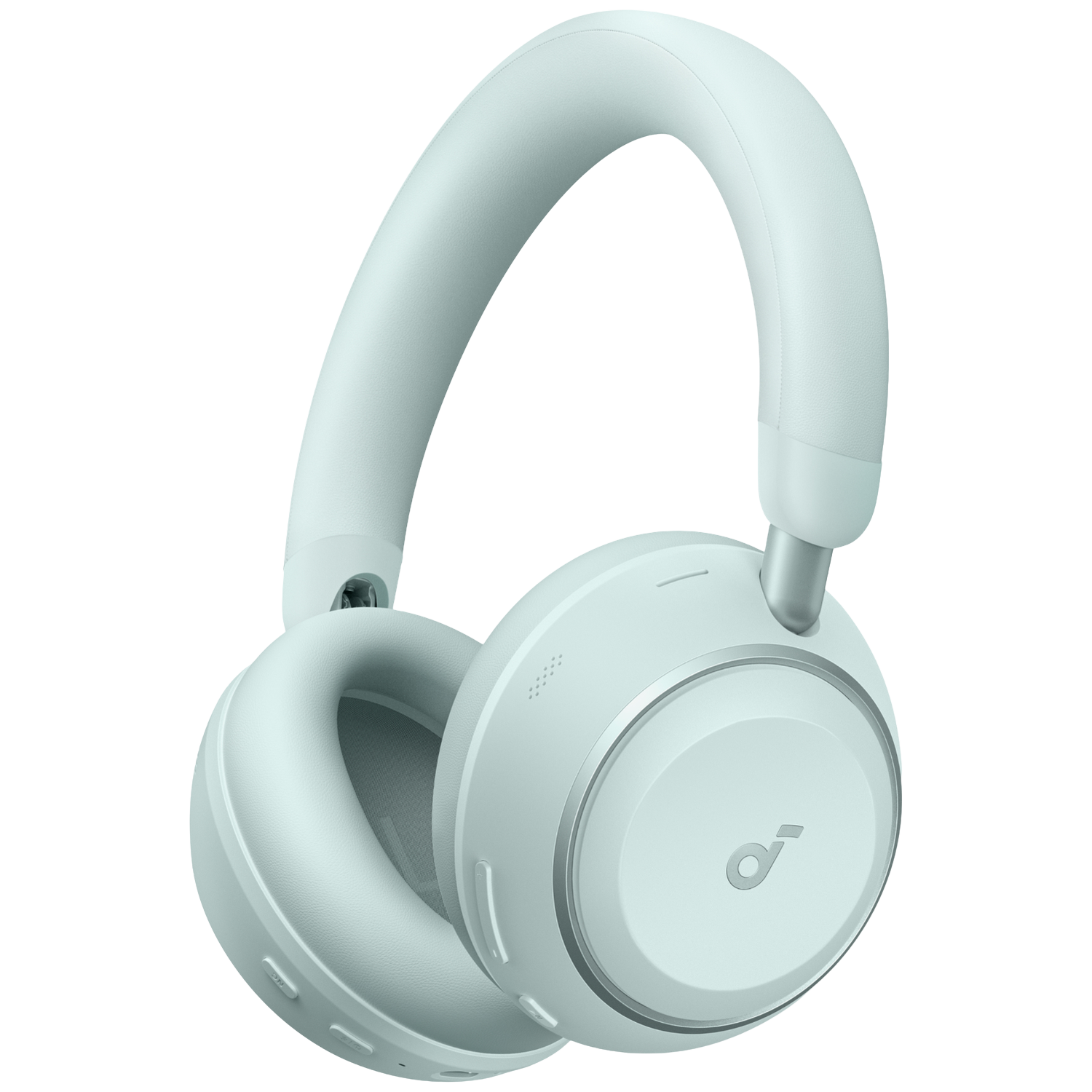 Lichtgroene over-ear koptelefoon met zilveren accenten en Anker logo.