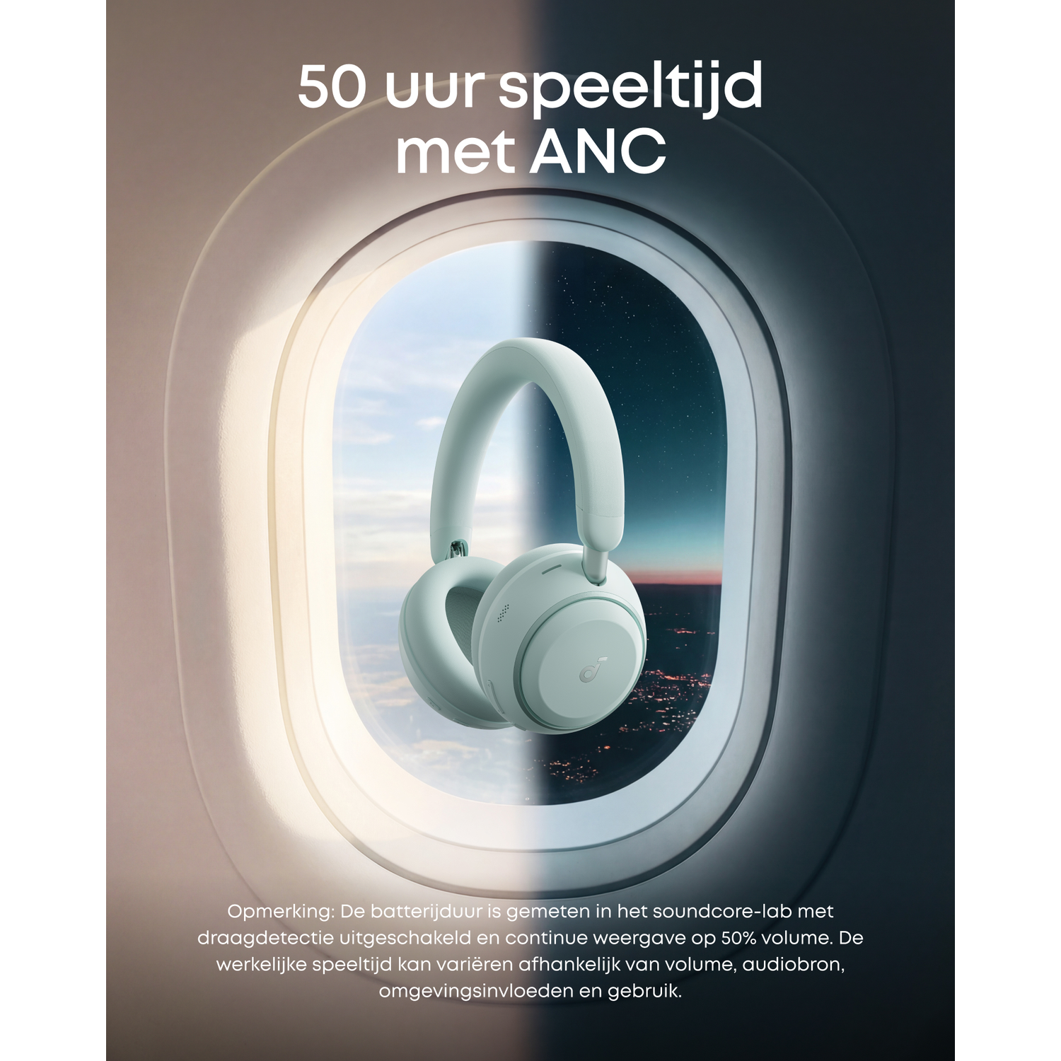 Lichtblauwe koptelefoon voor vliegtuigraam, dag en nacht.