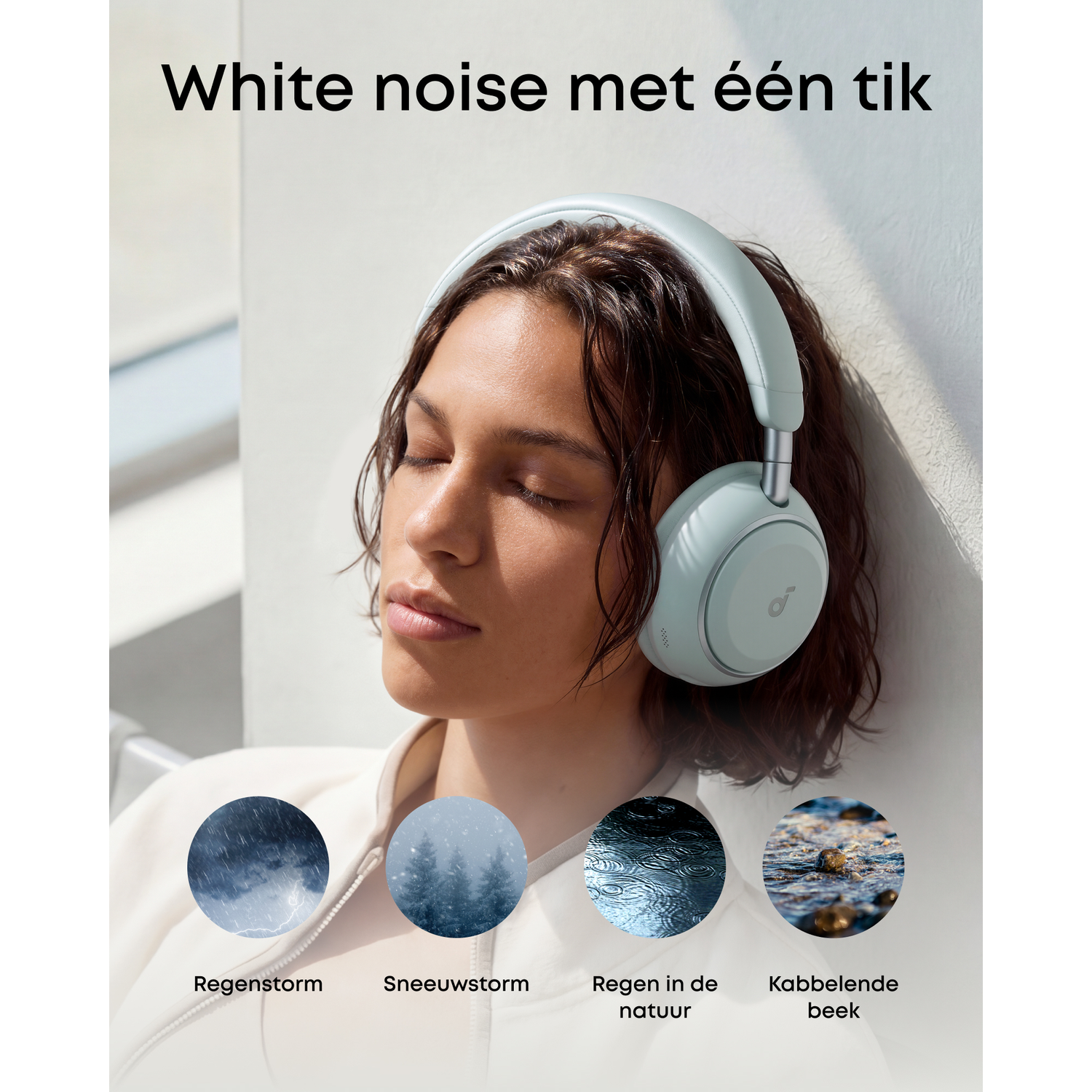 Vrouw met lichtblauwe koptelefoon tikt white noise opties aan.