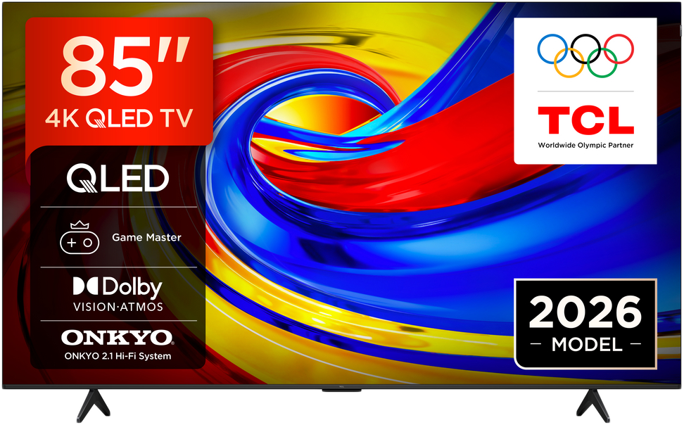 Egy 85 hüvelykes, 4K QLED TV a TCL-től, olimpiai gyűrűk logóval, 2026-os modell.
