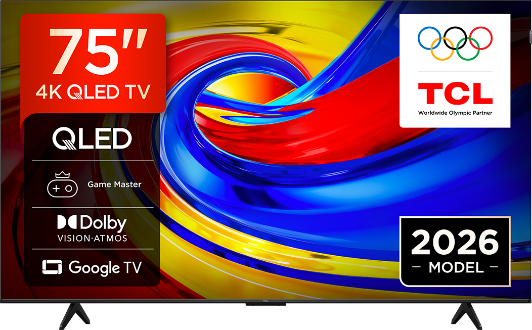 75" 4K QLED TV a TCL-től, 2026-os modell, olimpiai karikák logóval.