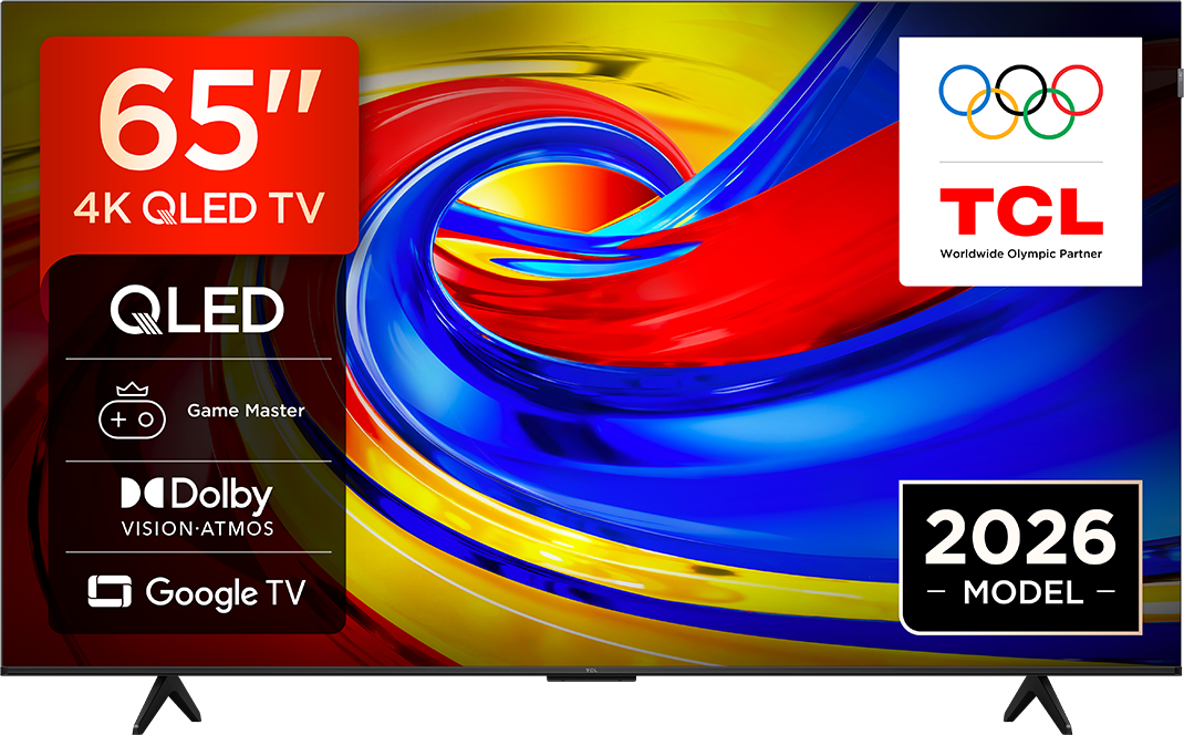 65 hüvelykes 4K QLED TV TCL-lel és olimpiai karikákkal, 2026-os modell.